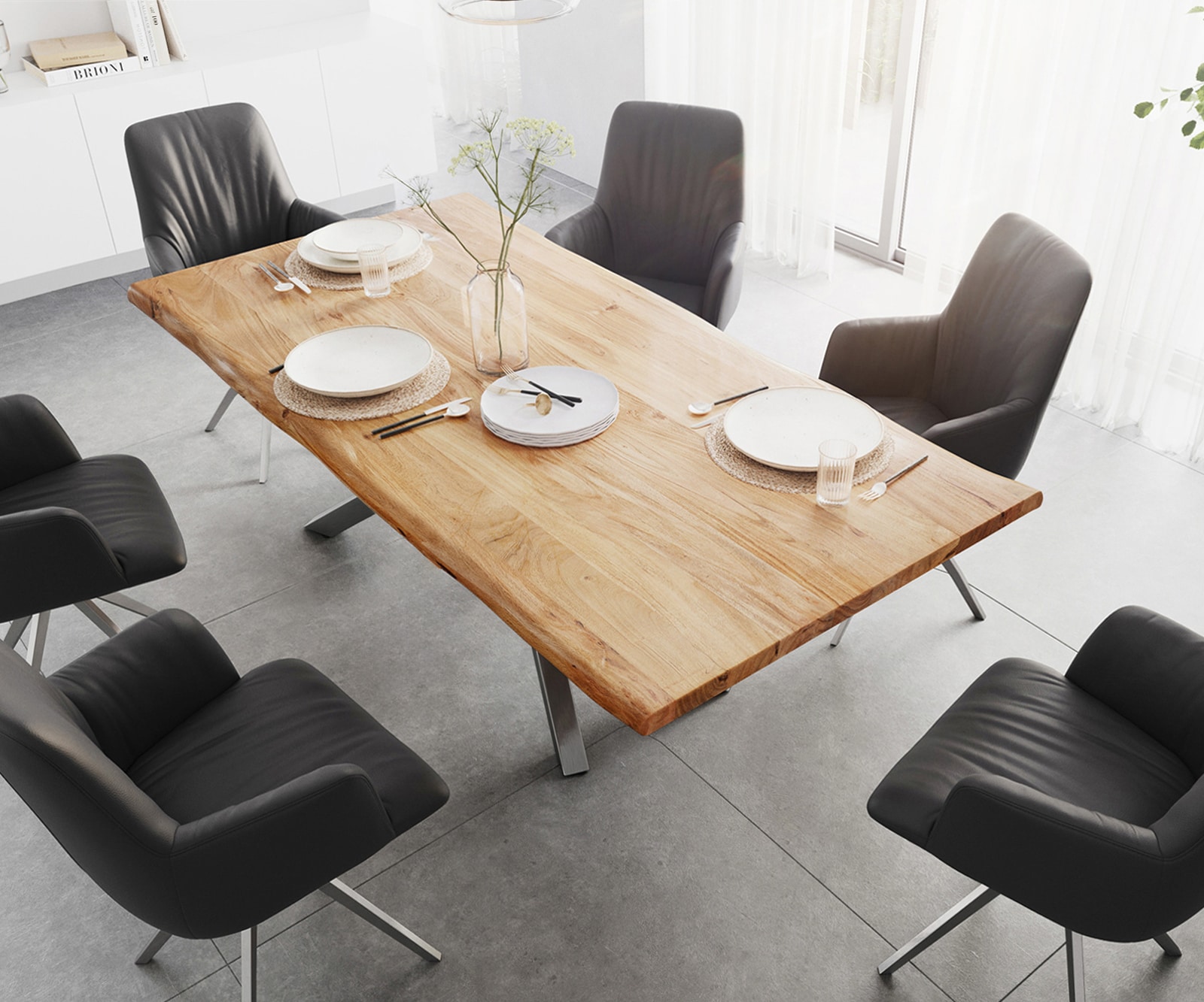 Table à manger Edge 200x100 acacia nature cadre croisé rectangle acier inoxydable Live-Edge 6 Table à manger Edge 200x100 acacia nature cadre croisé rectangle acier inoxydable Live-Edge 6