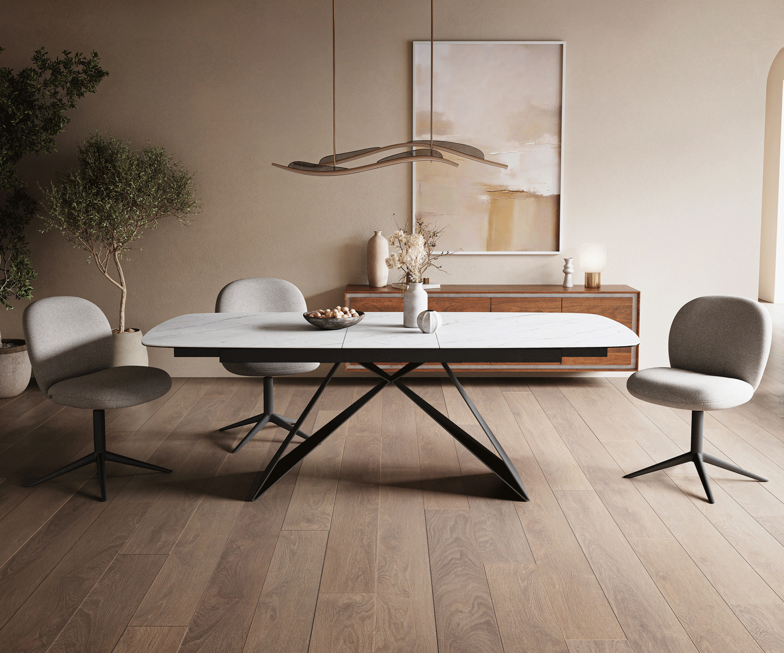 Table à manger Edge Boot 180-220x100 cm Céramique Laminam® Statuarietto Blanc piètement en V Flachstahl Noir extensible 2