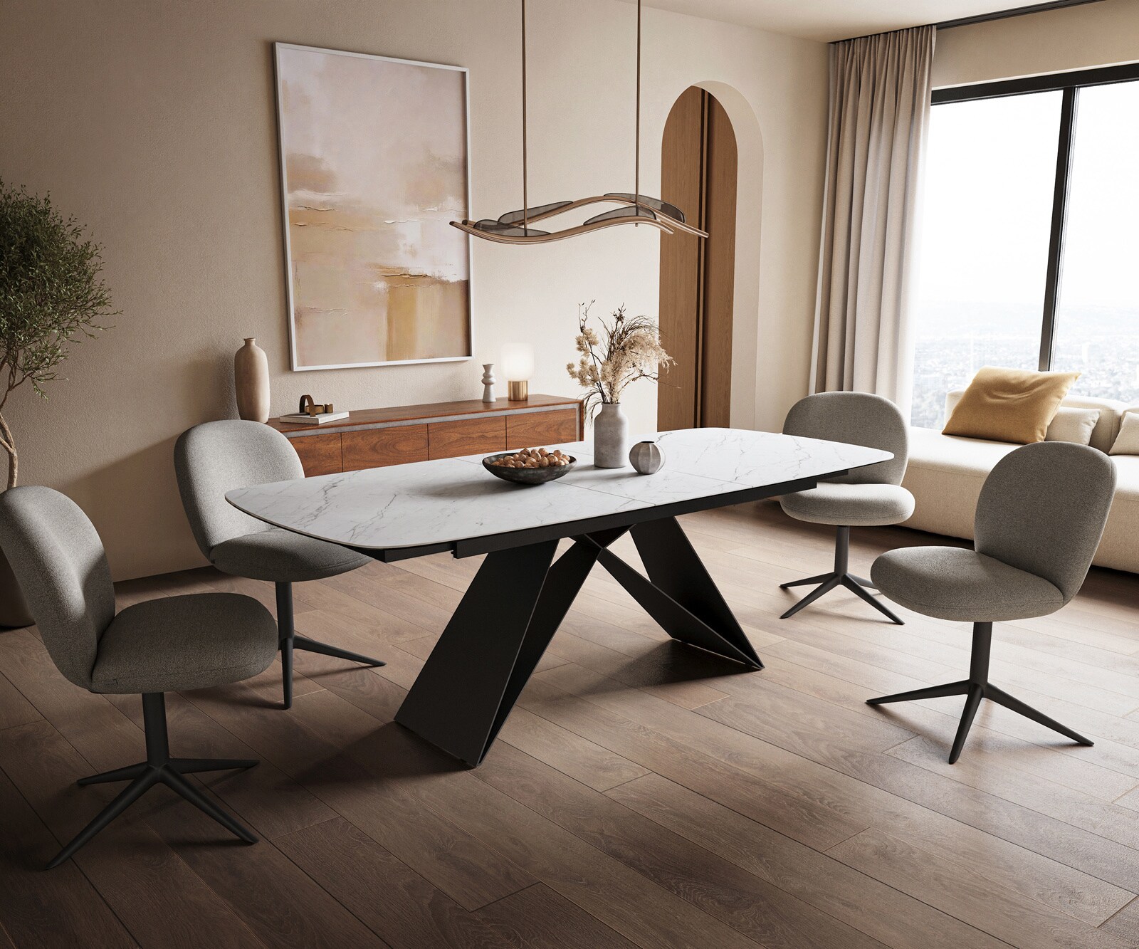 Table à manger Edge Boot 180-220x100 cm Céramique Laminam® Statuarietto Blanc piètement en V Flachstahl Noir extensible 6