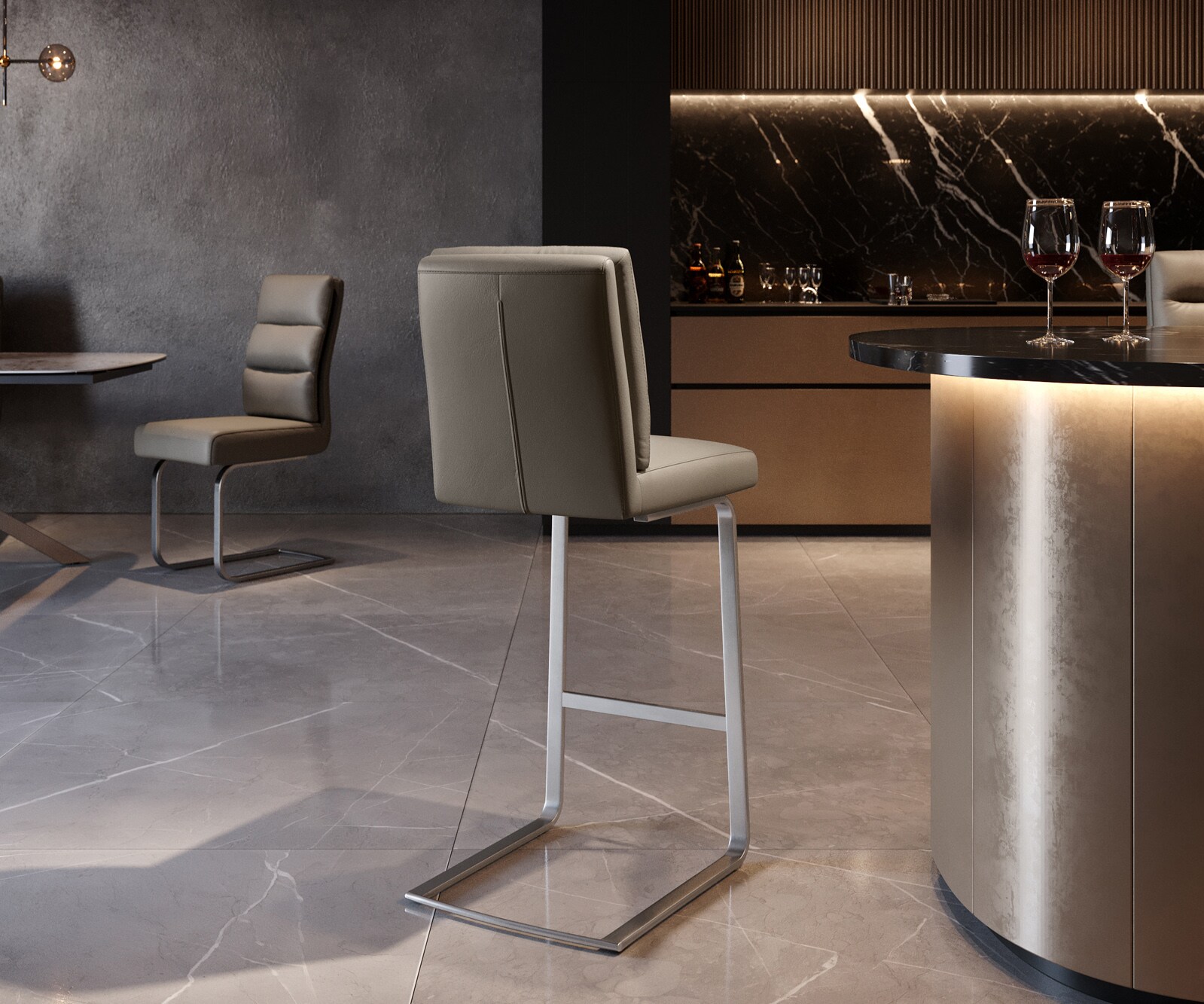 Chaise-de-bar Pela-Flex cuir véritable boue cadre luge plat acier inoxydable ressorts ensachés 2