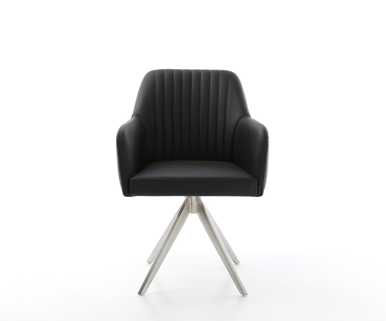 Chaise-de-salle-à-manger Greg-Flex cuir de vache noir pied croisé angulaire acier inoxydable brossé ressorts ensachés 1