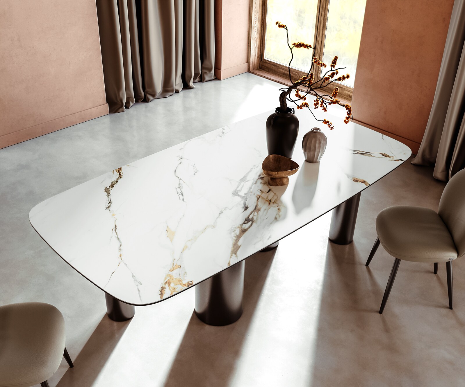 Table à manger Edge Boot 240x120 Céramique Calacatta Luxe Blanc-Doré-Gris Pilier Acier inoxydable Graphite 3
