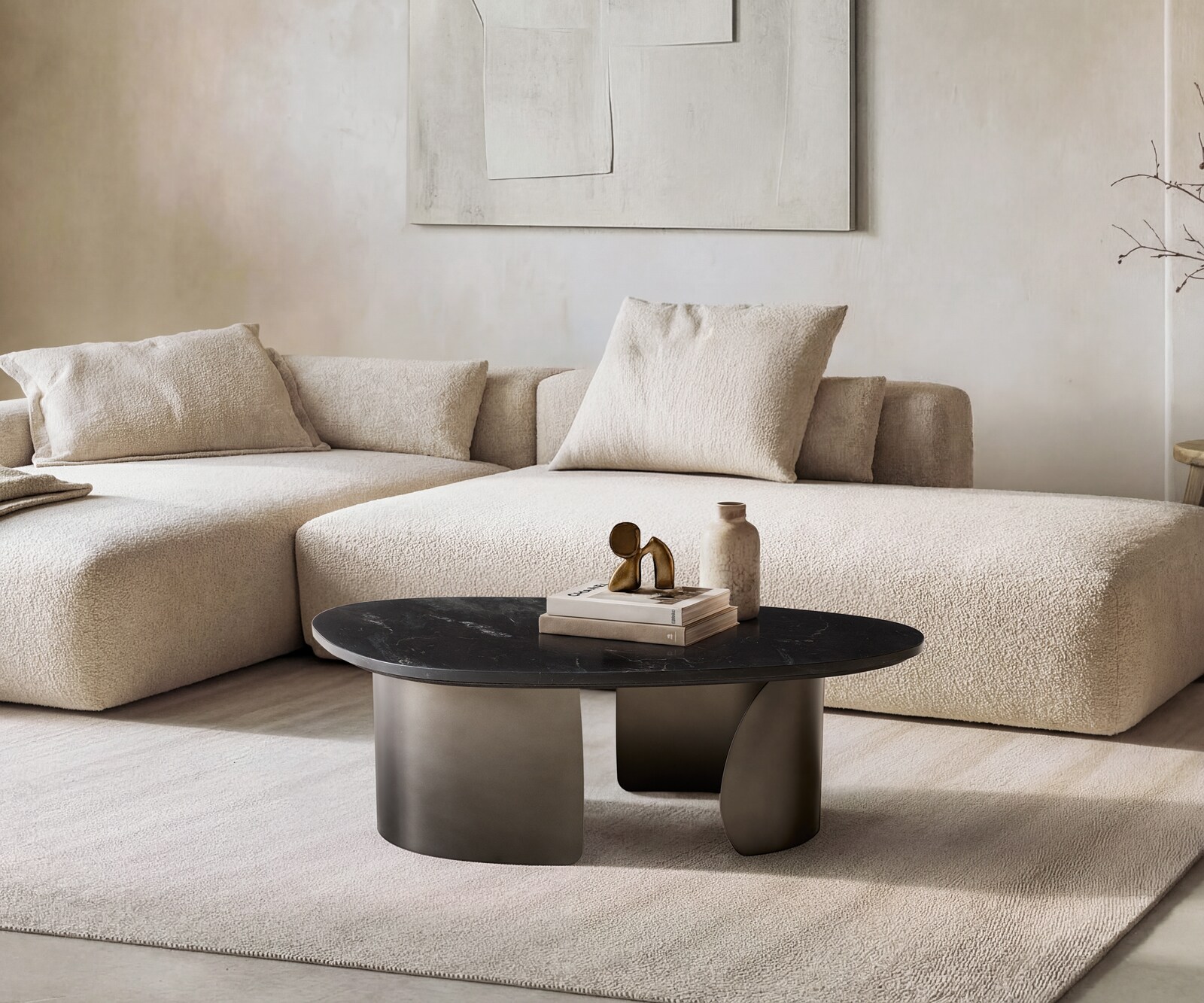 Table basse Marvello 100x50 cm marbre noir argenté métal Black Antique