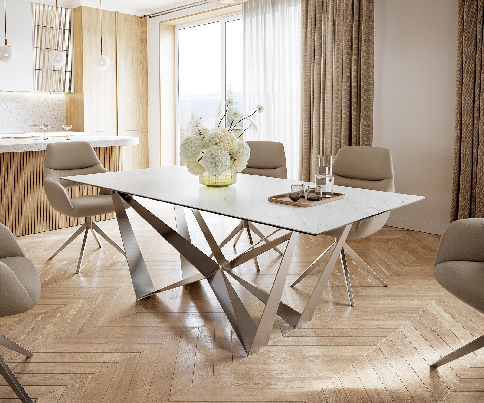 Table-à-manger Edge 200x100cm Laminam® céramique blanc pieds milieu acier plat argent 6