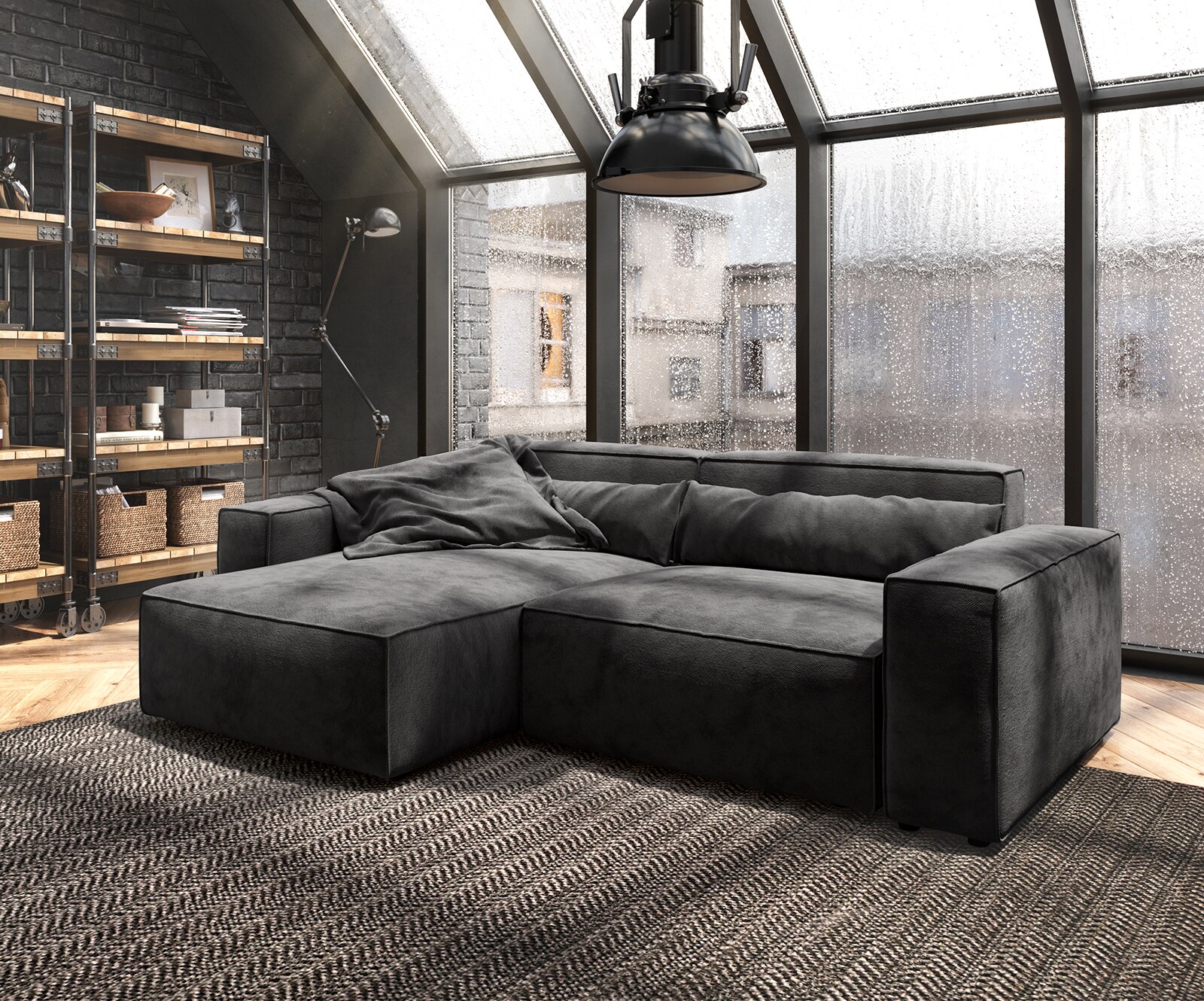 Canapé d'angle Sirpio 230x155 cm Microfibre Noir Recamiere variable