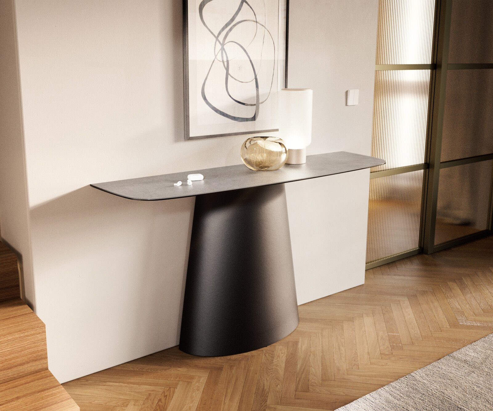 Console Edge forme bateau 140x40 cm Céramique Gris béton Conos Métal Noir 1