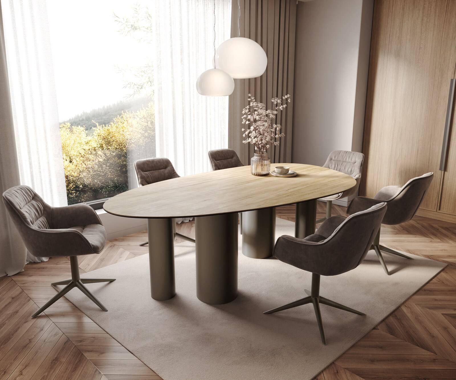 Table à manger Edge Ovale 220x120 Céramique Laminam® Sabbia Couleur chêne Pilier Métal finition à effet Titane 7