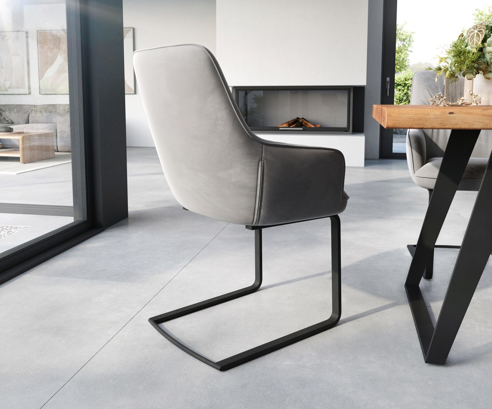 Cantilever Zelia-Flex avec accoudoirs velours gris pied cantilever plat noir ressorts ensachés 4 Cantilever Zelia-Flex avec accoudoirs velours gris pied cantilever plat noir ressorts ensachés 4