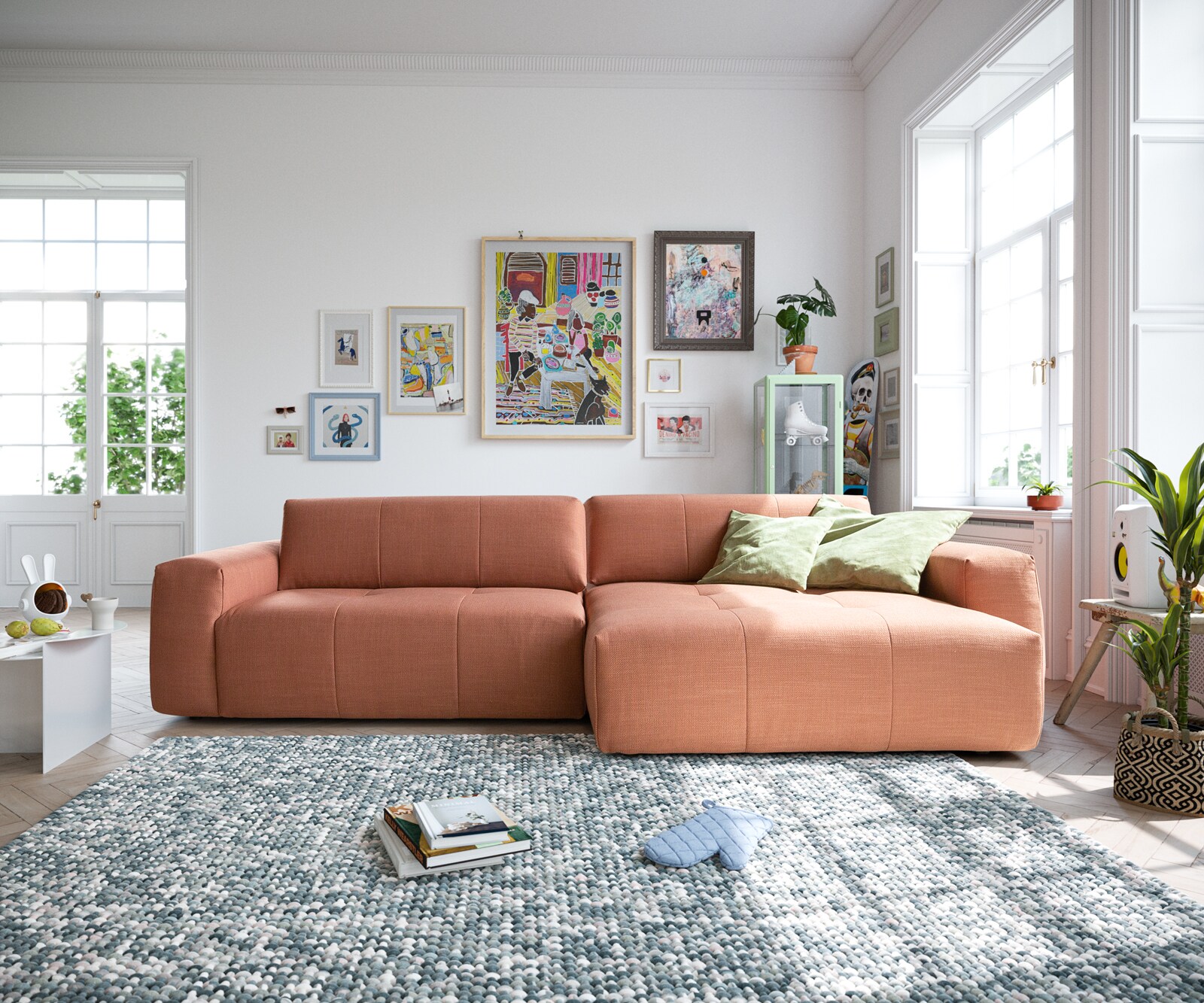 Canapé-d'angle Lazaro 300x160 cm tissu plat orange ottomane à droite avec réglage de la profondeur d'assise 1