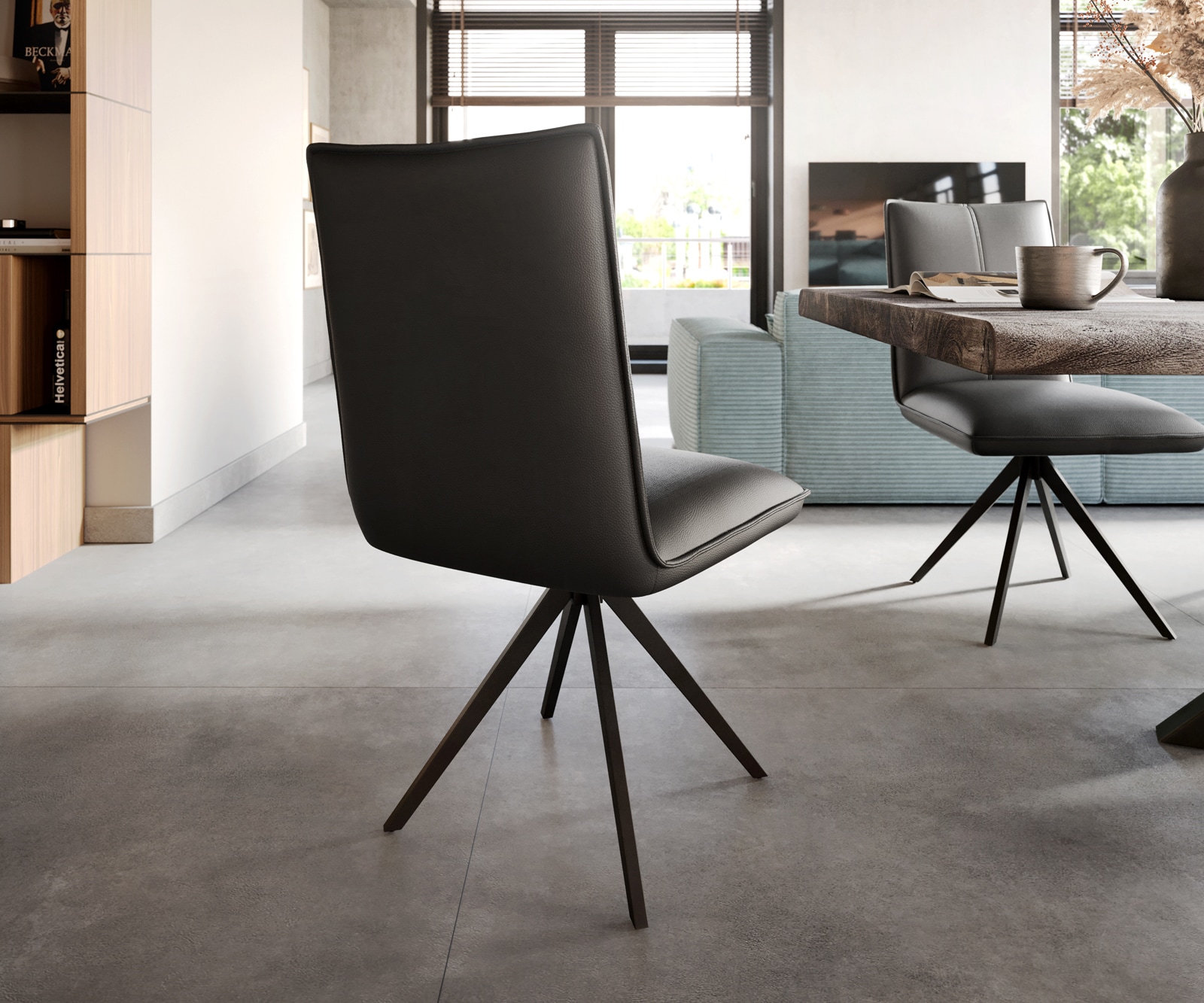 Chaise-de-salle-à-manger Lelio-Flex cuir de vache noir pied croisé large noir ressorts ensachés 5