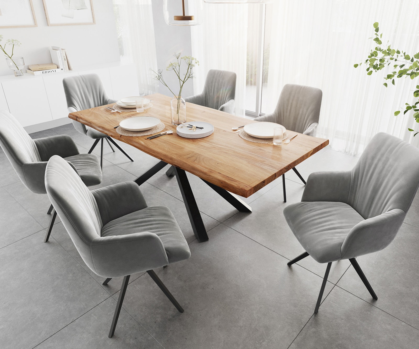 Table à manger Edge 200x100 acacia nature cadre croisé rectangle noir Live-Edge 5