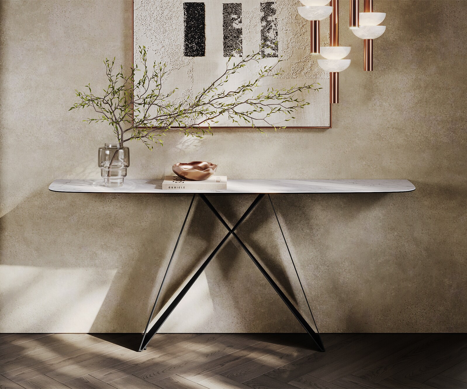 Console Edge forme bateau 180x40 cm Céramique Laminam® Statuarietto Weiß Velio Métal Noir 1