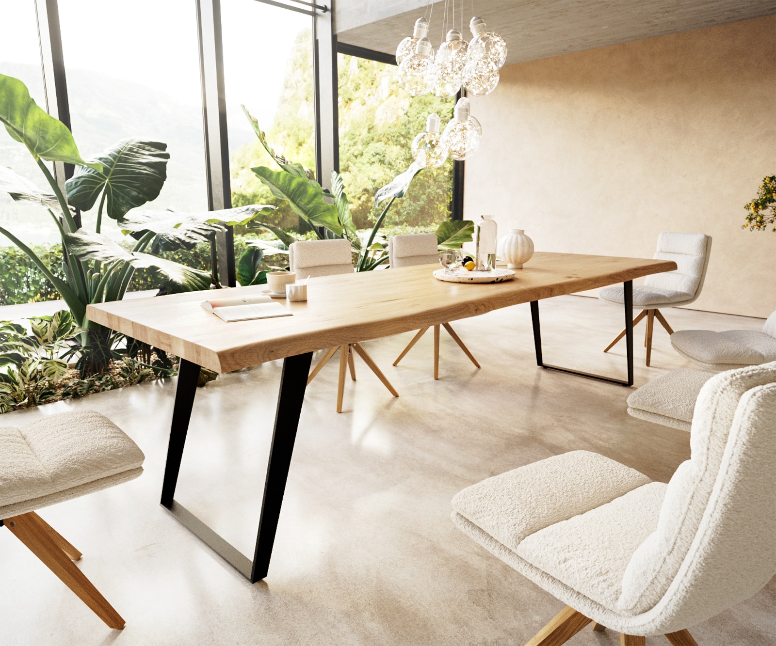 Table à manger Edge 300x100 chêne nature métal inclinée noir Live-Edge Table à manger Edge 300x100 chêne nature métal inclinée noir Live-Edge