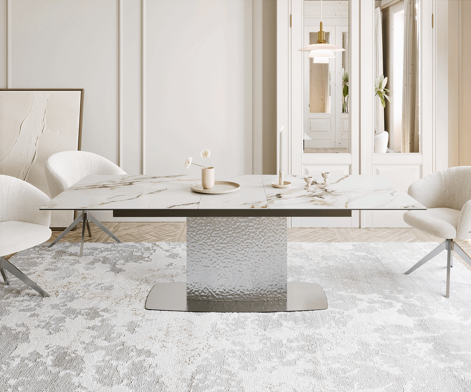 Table à manger Edge 180-220x100 céramique Calacatta Luxe blanc-doré-gris Wave acier inoxydable extensible 1