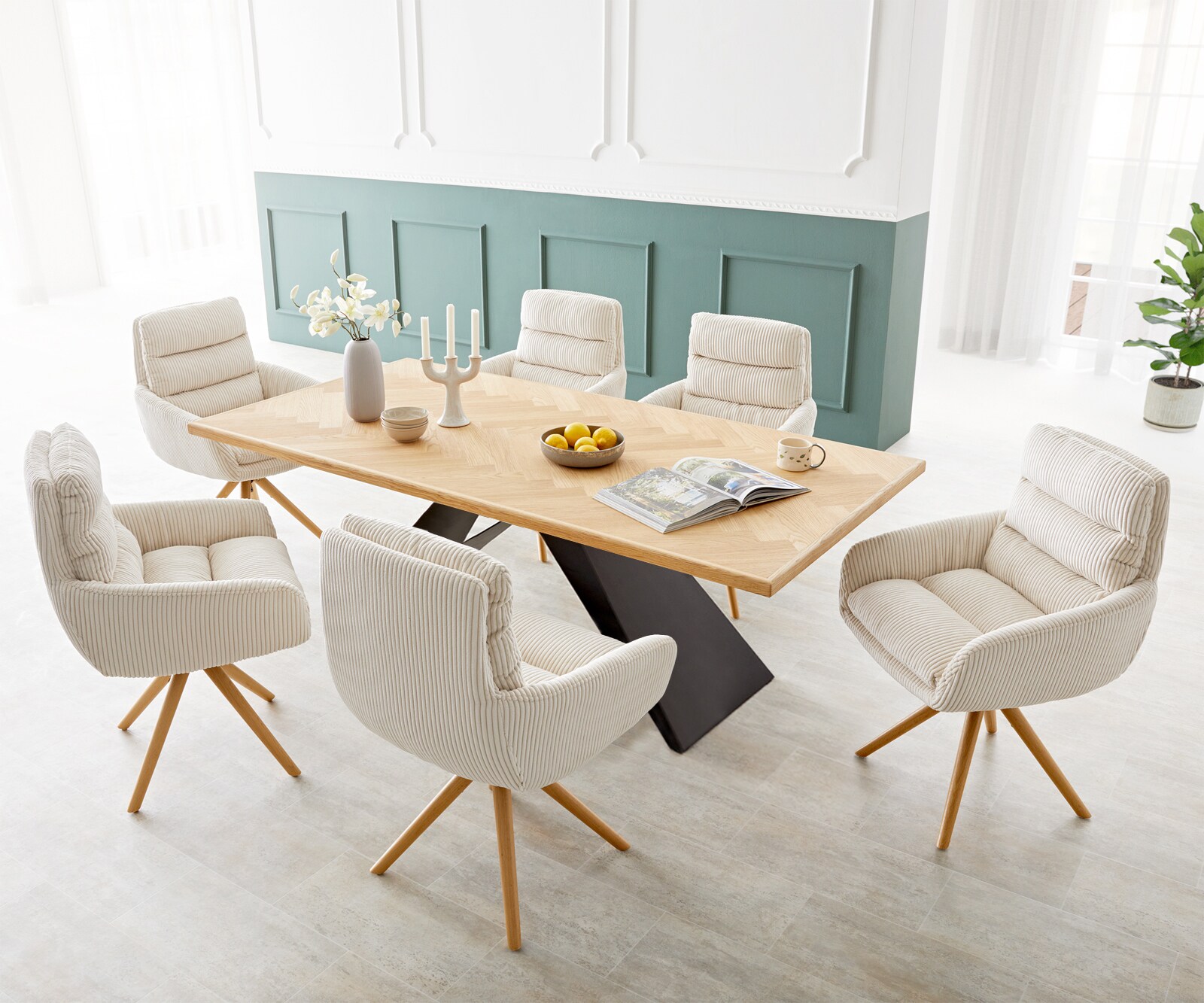 Table à manger Edge-pure 200x100 chêne nature Fishbone cadre en V acier plat noir 7