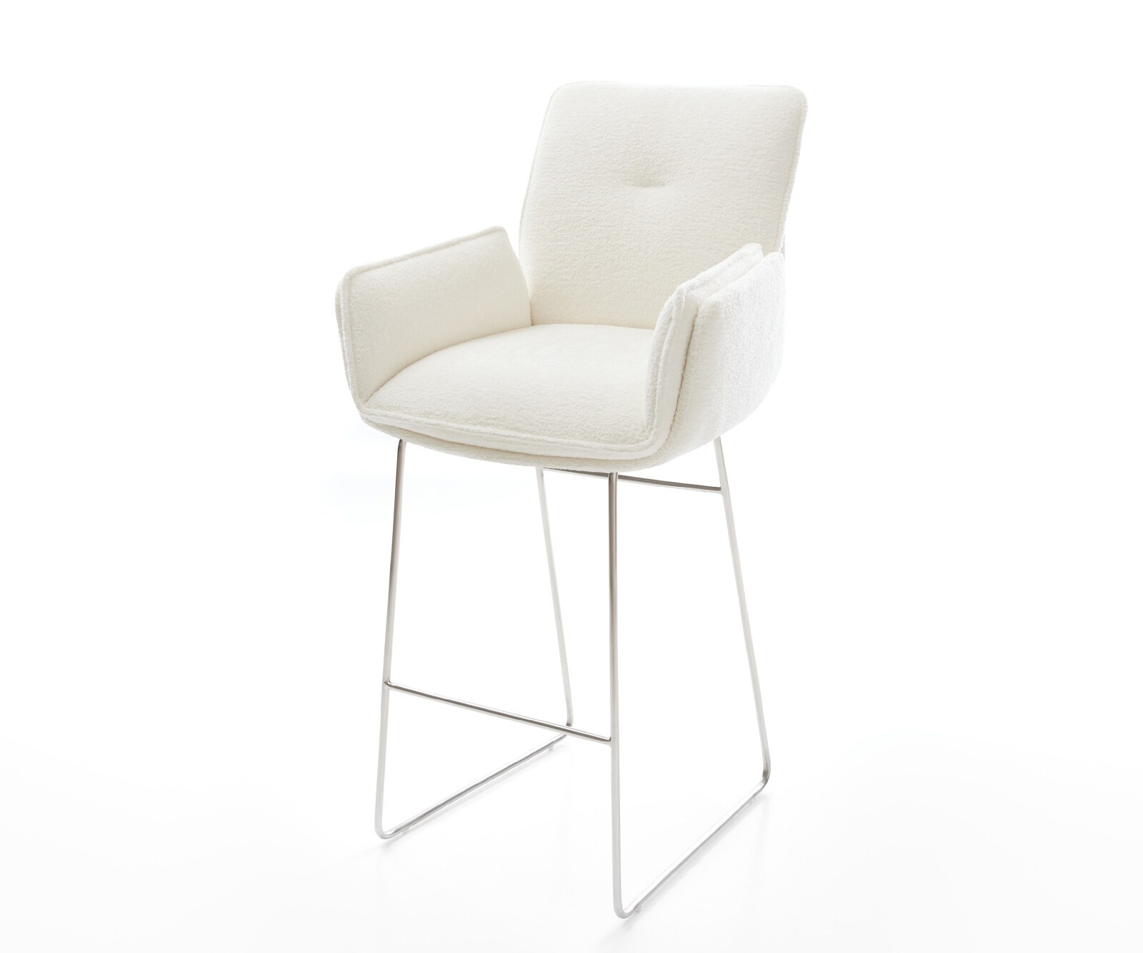 Chaise-de-bar Nela-Flex Bouclé doux Beige Pied trapèze acier inoxydable Argent