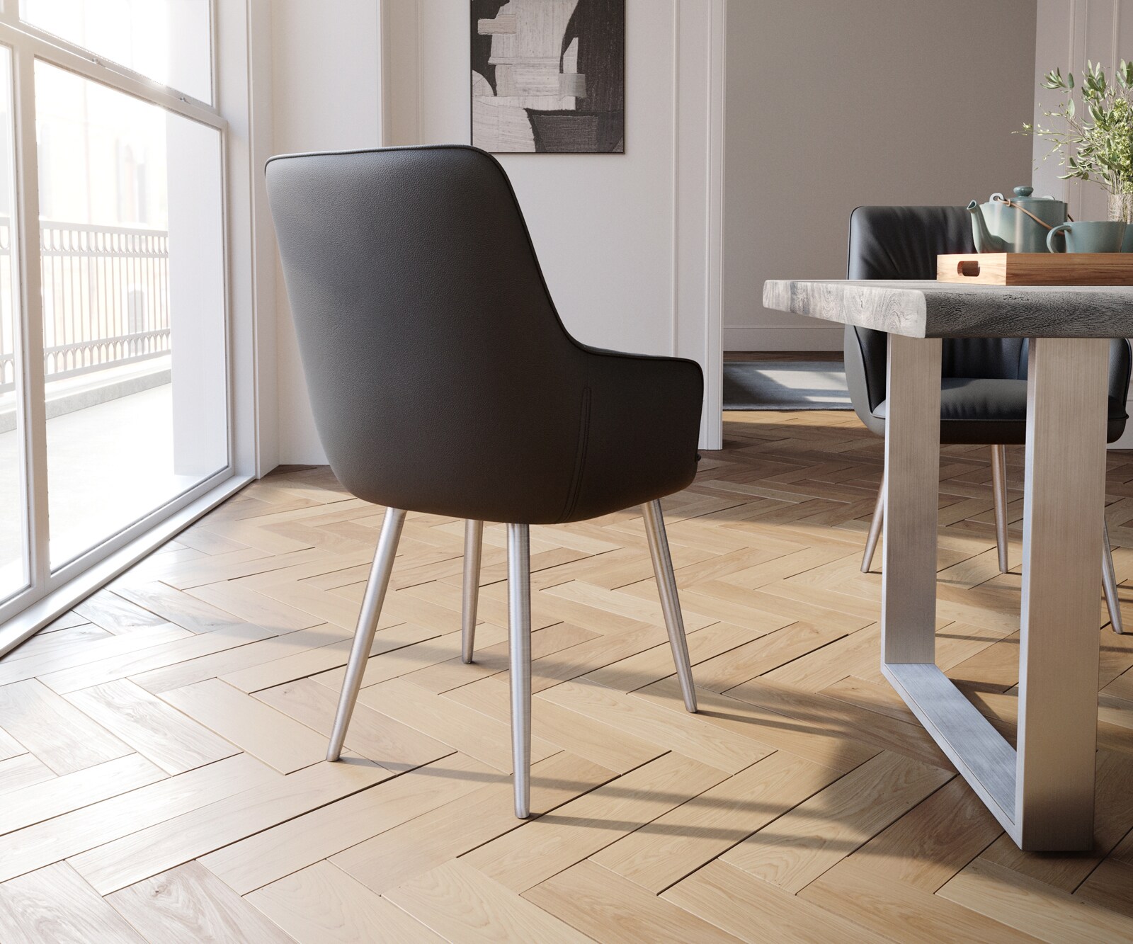 Chaise-de-salle-à-manger Zelia-Flex avec accoudoirs cuir de vache noir 4 pieds coniques acier inoxydable brossé ressorts ensachés 4 Chaise-de-salle-à-manger Zelia-Flex avec accoudoirs cuir de vache noir 4 pieds coniques acier inoxydable brossé ressorts ensachés 4