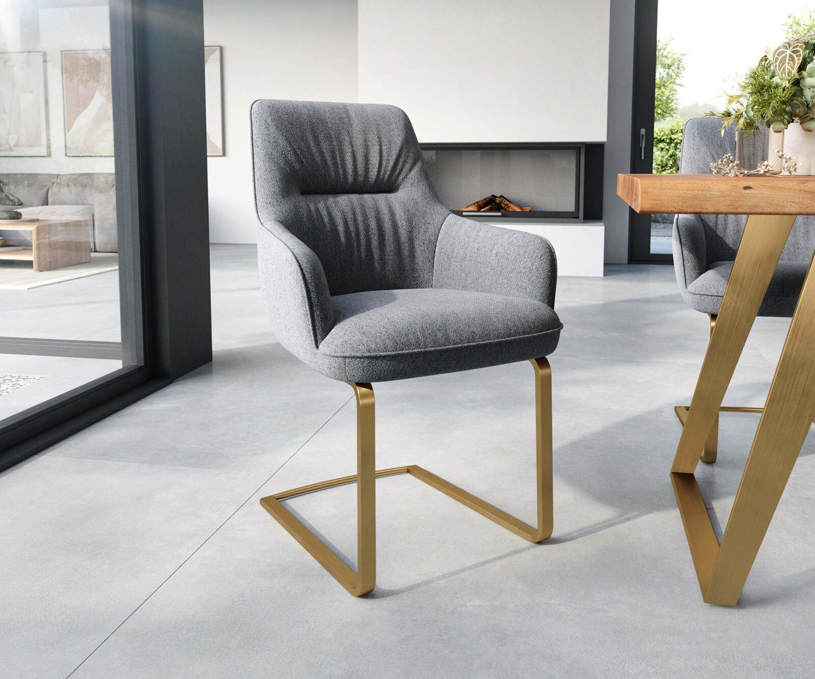Cantilever Zelia-Flex avec accoudoirs tissu texturé gris clair pied cantilever plat or ressorts ensachés
