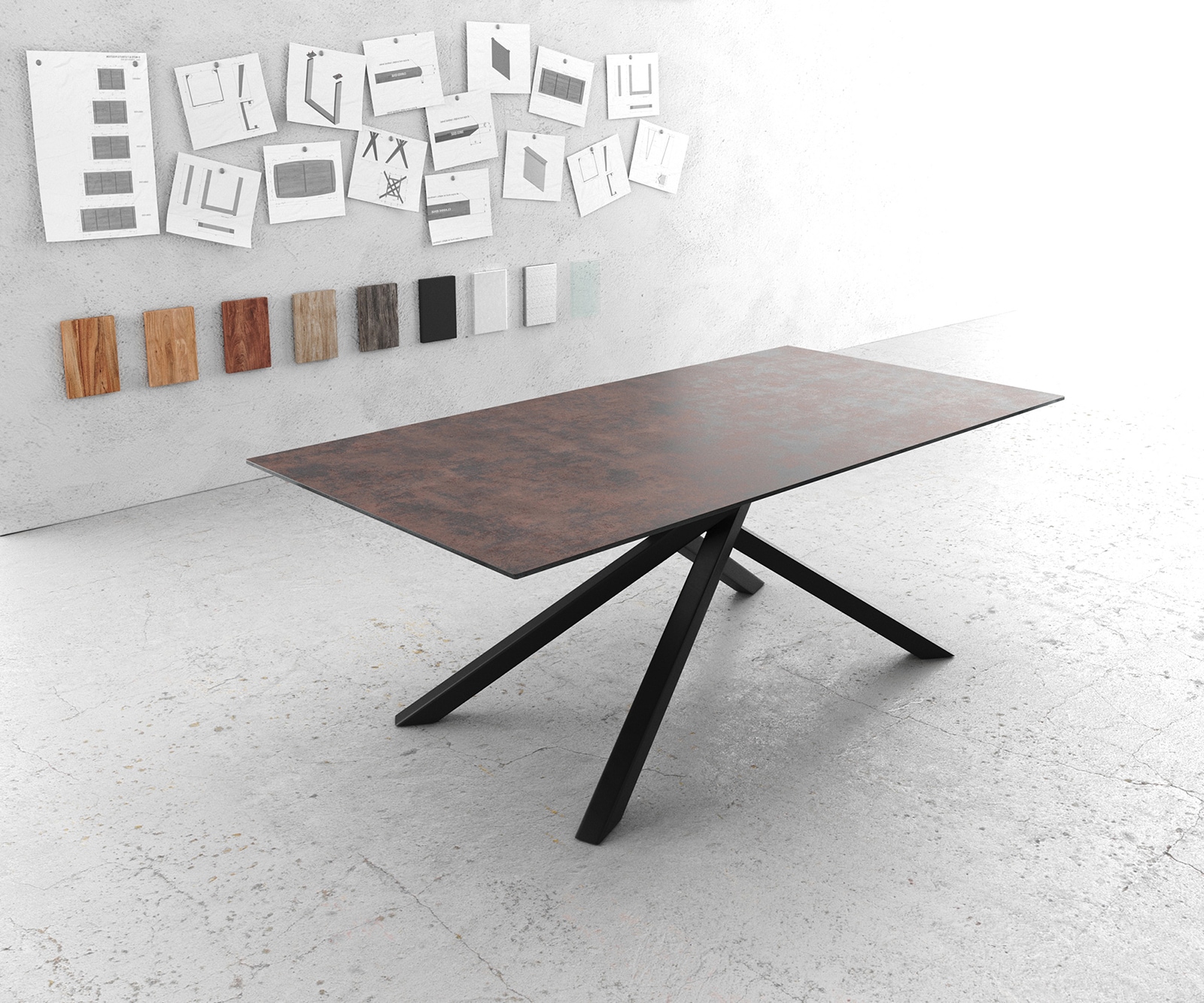 Table de salle à manger Edge 200x100 verre brun antique piètement croisé rectangle noir Table de salle à manger Edge 200x100 verre brun antique piètement croisé rectangle noir