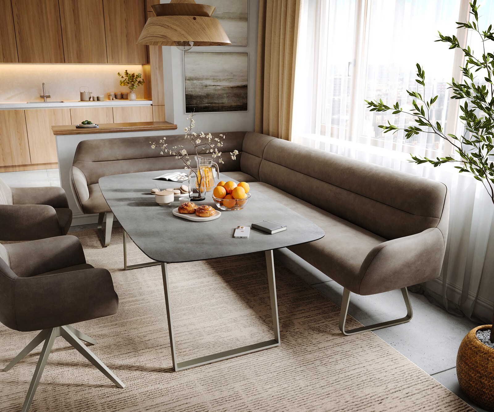 Banc-de-salle-à-manger Taya-Flex 285x190 cm microfibre taupe vintage châssis à patins plat titane ressort ensaché à droite 1