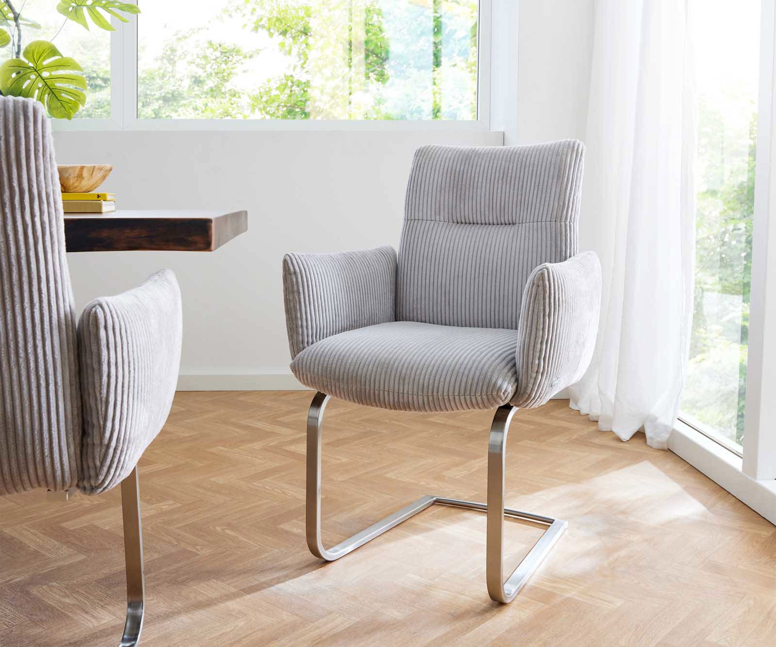 Cantilever Jova-Flex avec accoudoirs côtelé gris argenté pied cantilever plat acier inoxydable brossé ressorts ensachés