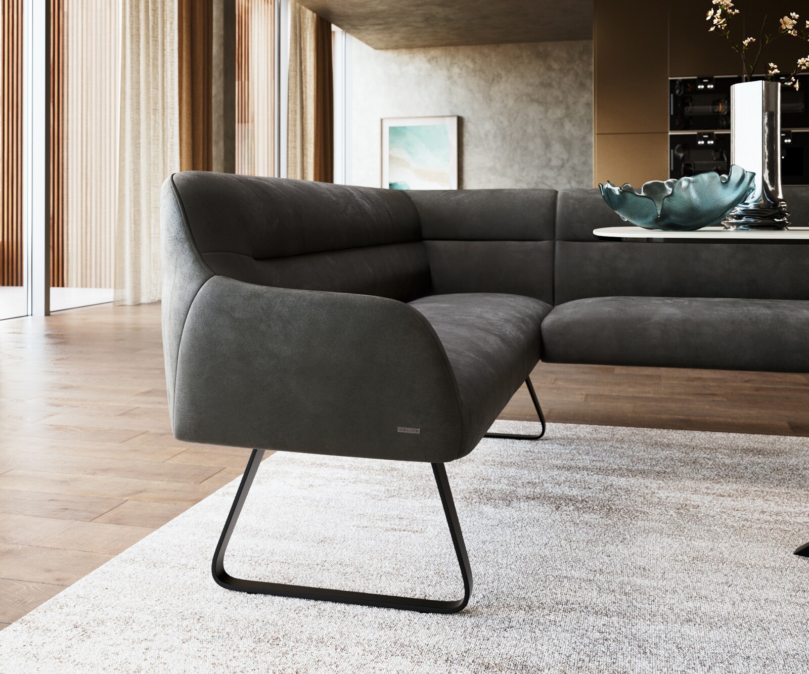 Banc-de-salle-à-manger Taya-Flex 285x190 cm microfibre antracite vintage châssis à patins plat noir ressort ensaché à droite 5