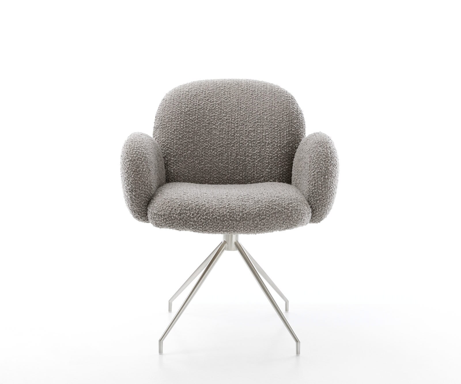 Chaise-pivotante Nube-Flex avec accoudoirs bouclé gris argenté pied croisé conique acier inoxydable brossé pivotement sur 180° ressorts ensachés 1 Chaise-pivotante Nube-Flex avec accoudoirs bouclé gris argenté pied croisé conique acier inoxydable brossé pivotement sur 180° ressorts ensachés 1