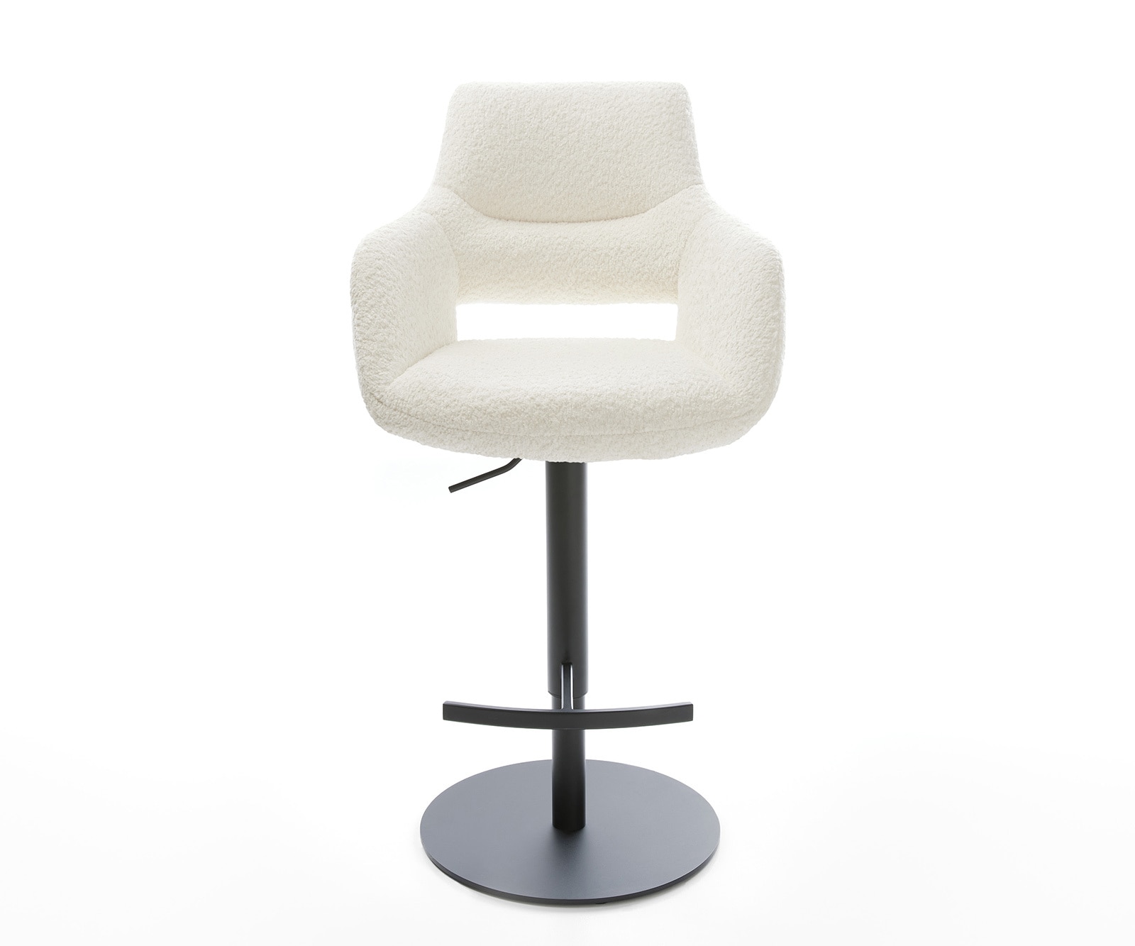 Chaise-de-bar Yago-Flex Bouclé Blanc Pied pivotant réglable en hauteur Métal noir pivotant Ressorts ensachés 1 Chaise-de-bar Yago-Flex Bouclé Blanc Pied pivotant réglable en hauteur Métal noir pivotant Ressorts ensachés 1