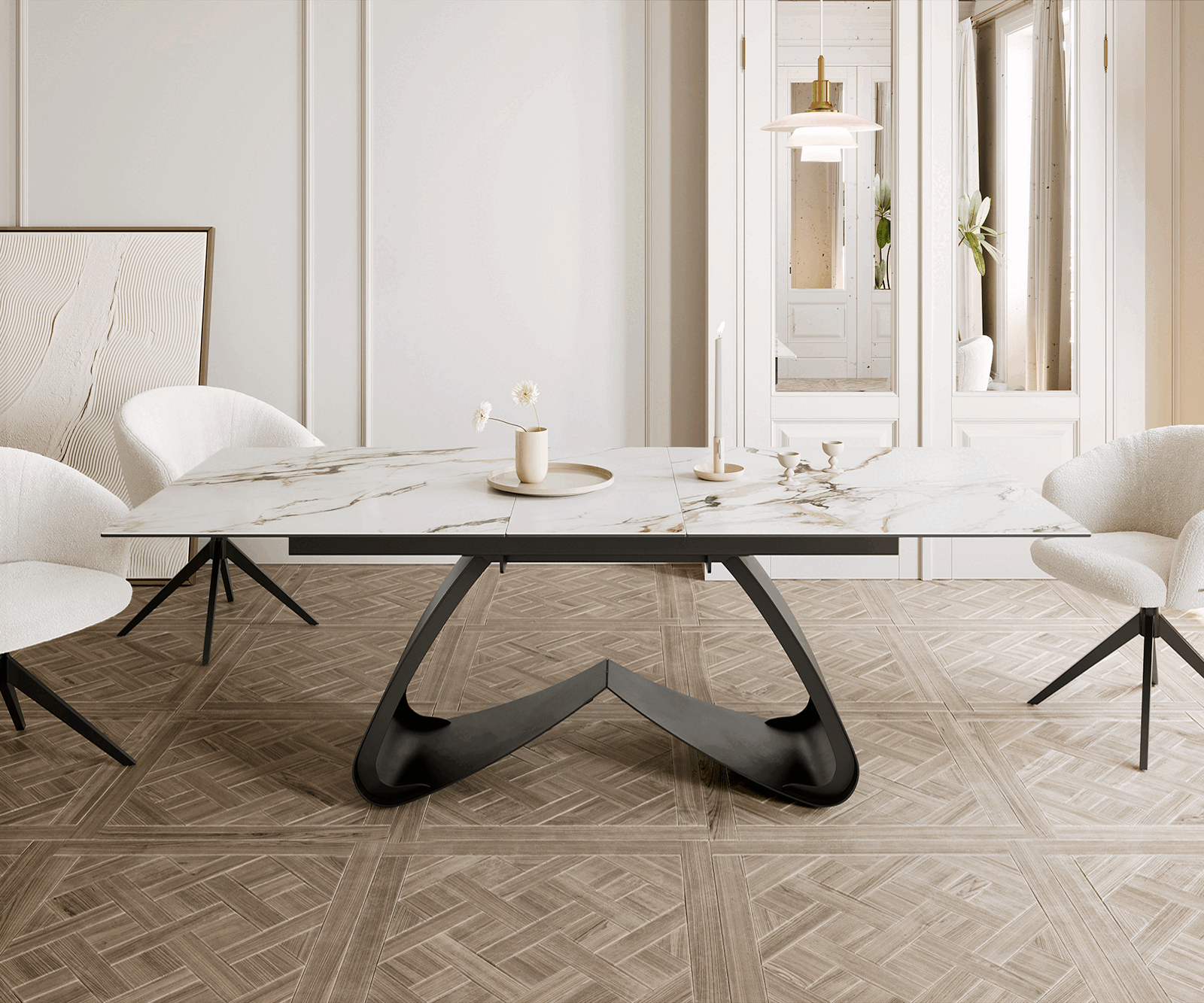 Table à manger Edge 180-220x100 céramique Calacatta Luxe blanc-doré-gris cadre en W noir extensible 1