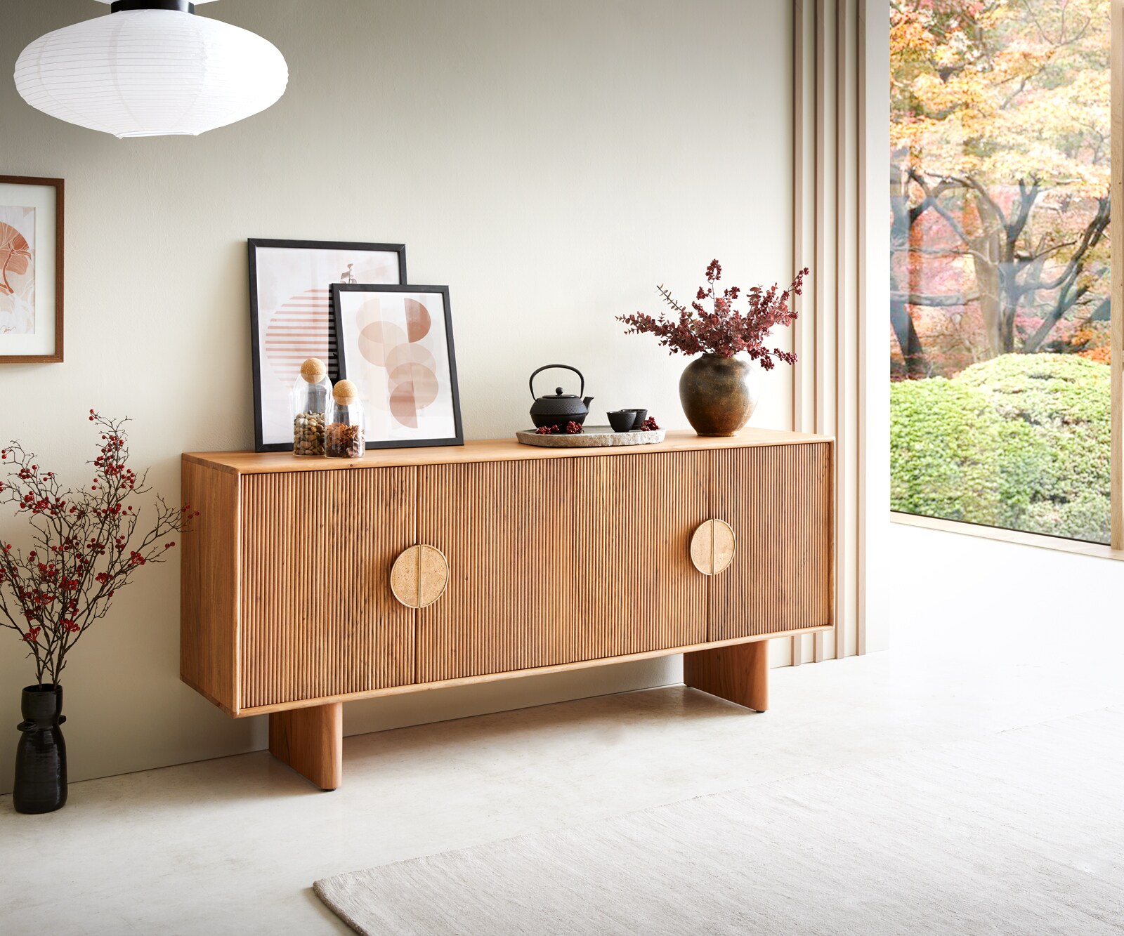 Buffet Surimu 175 cm Acacia brun clair 4 portes 2 compartiments Poignée en liège Pieds en bois 1