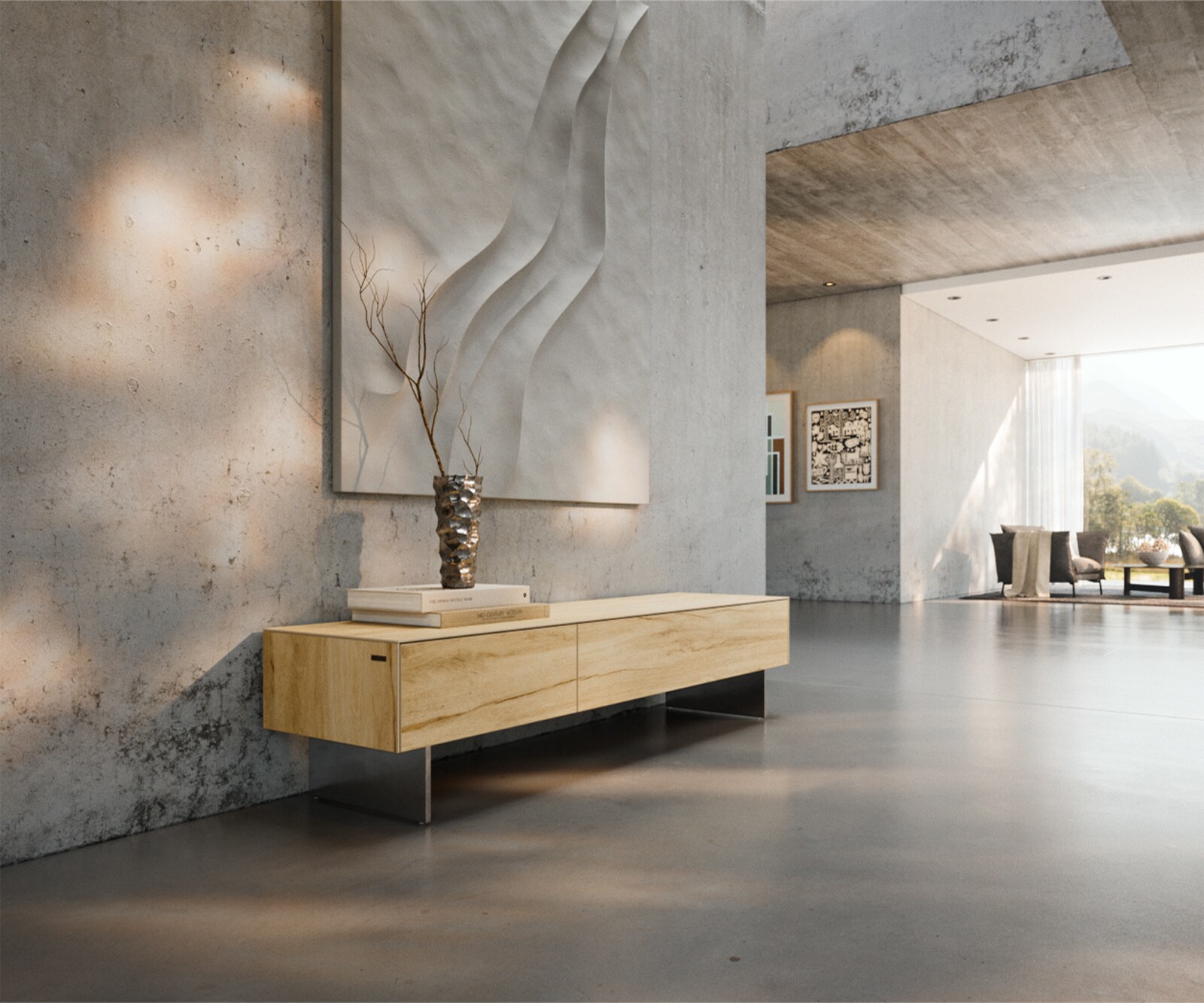 Meuble-TV Cuor 150 cm Céramique Laminam® Sabbia Teinte chêne 1 Clapet 1 Tiroir Pied optique flottant Ancier inoxydable 1