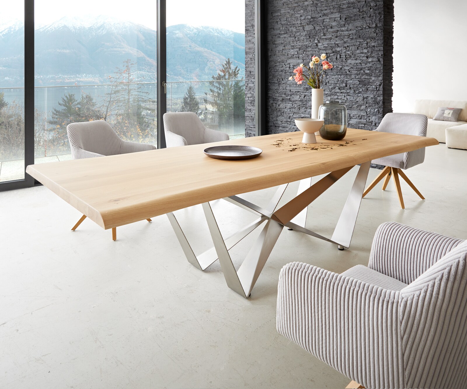Table à manger Edge 260x100 chêne nature Spider acier plat acier inoxydable Live-Edge 1