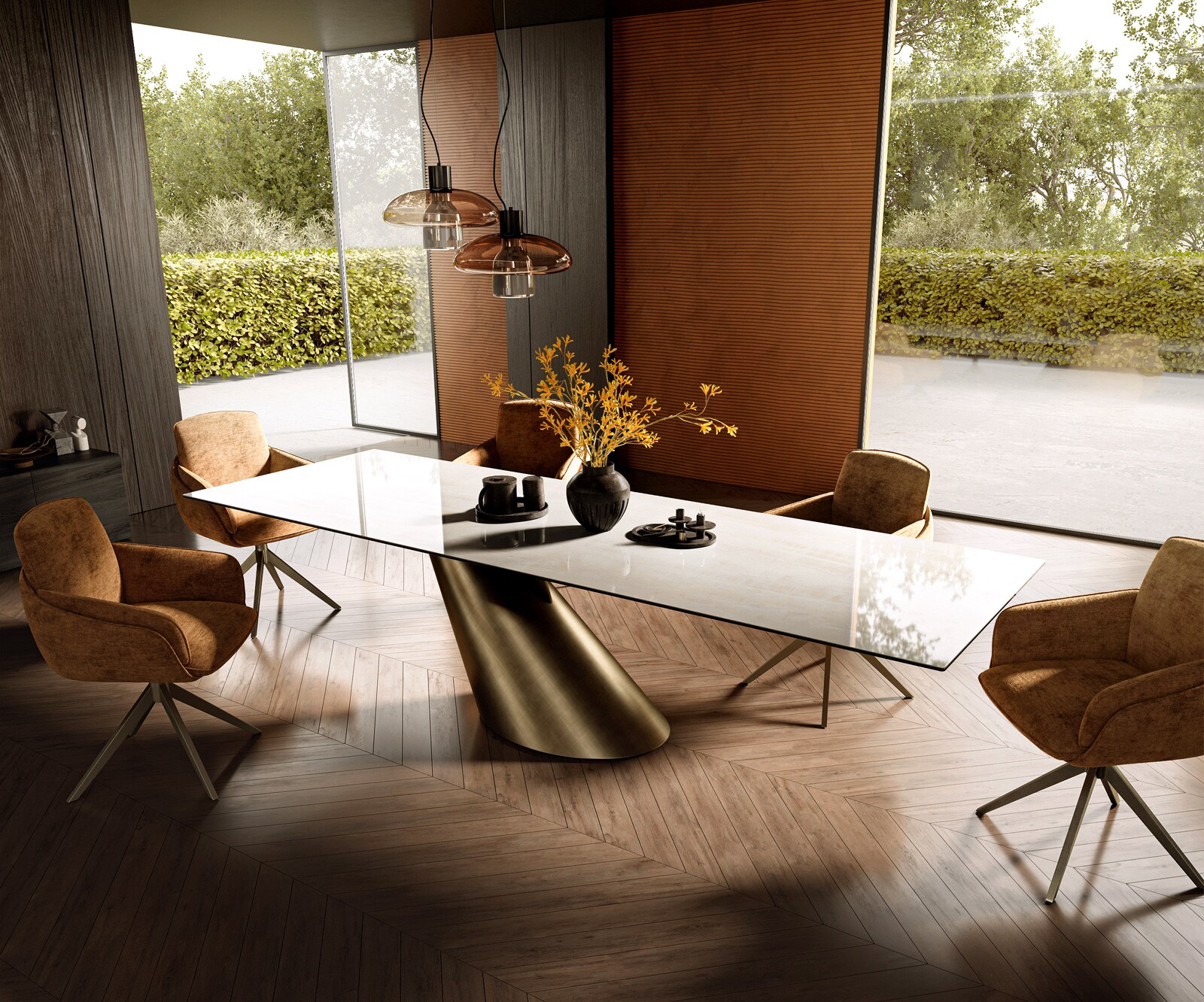 Table à manger Edge 300x100 cm céramique Onyx Champagne Cono métal doré 6
