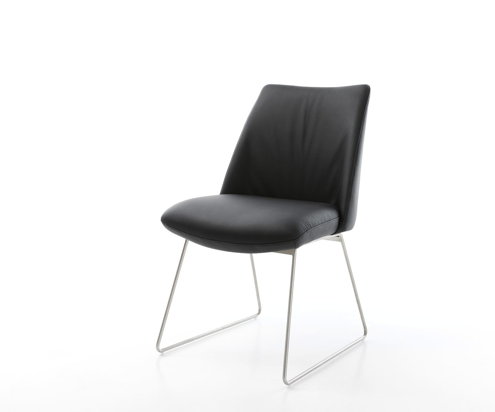 Chaise-de-salle-à-manger Elso-Flex cuir de vache noir pied trapèze acier inoxydable brossé ressorts ensachés