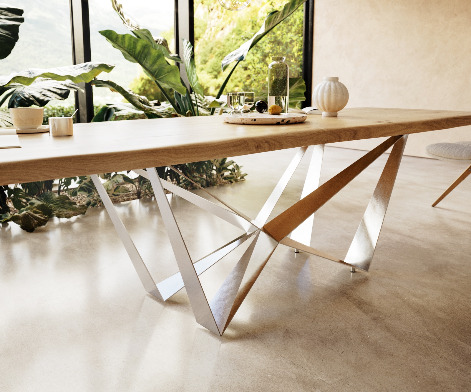 Table à manger Edge 300x100 chêne nature Spider acier plat acier inoxydable Live-Edge 5