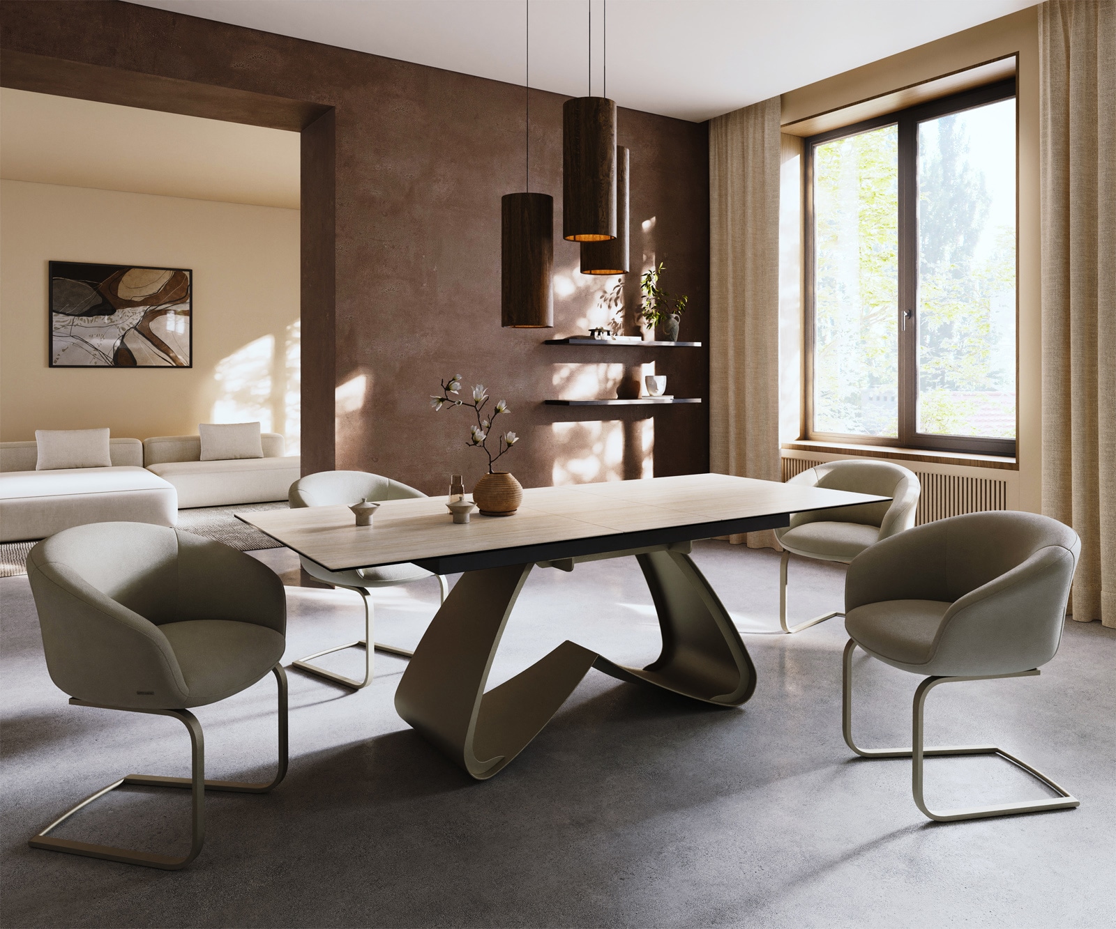 Table à manger Edge 180-220x100 céramique Laminam® Travertino Bianco crème-blanc cadre en W effet finition titanee extensible 7