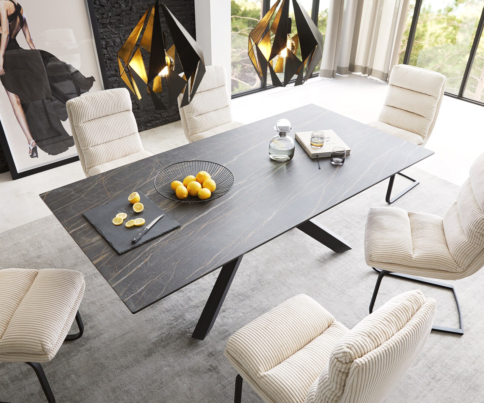 Table-à-manger Edge 200x100cm Laminam® céramique marron pieds milieu croisé noir 1