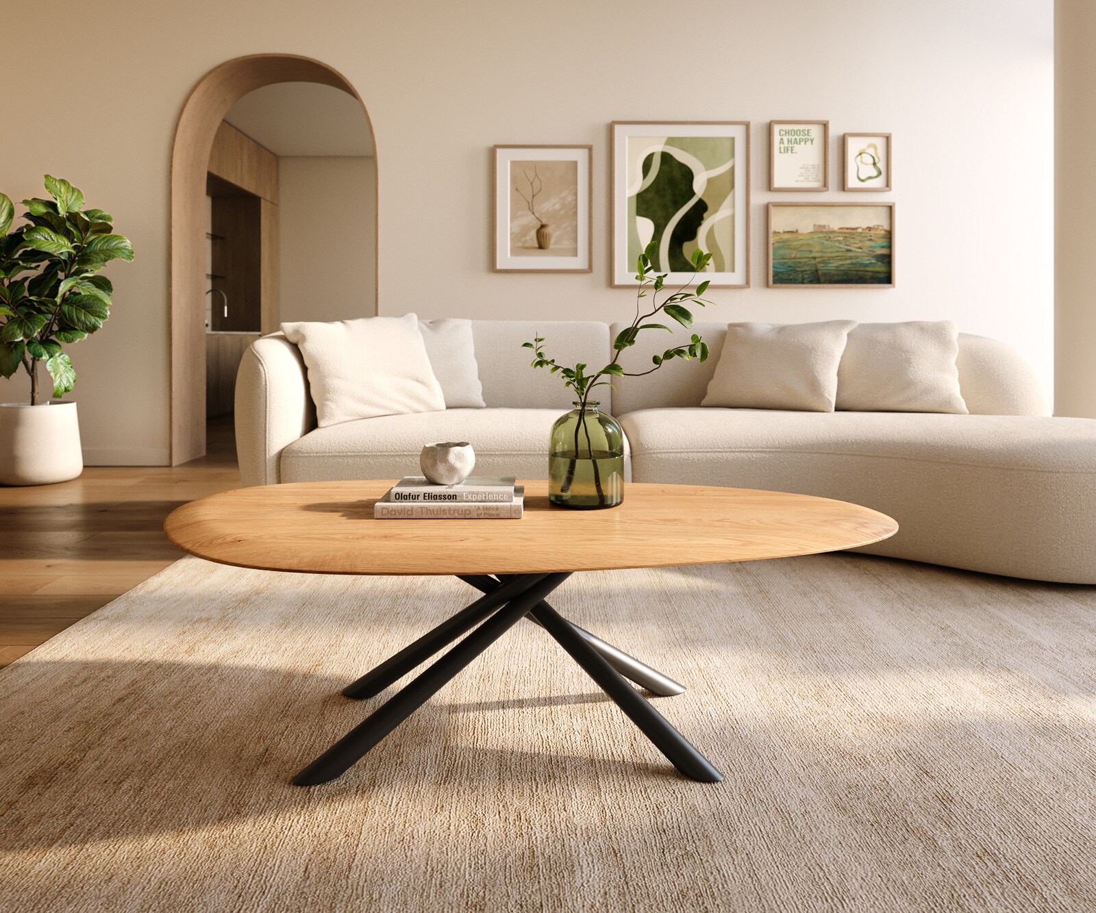 Table basse Edge Oval 140x75 cm chêne naturel bord arrondi Sarity métal noir 1