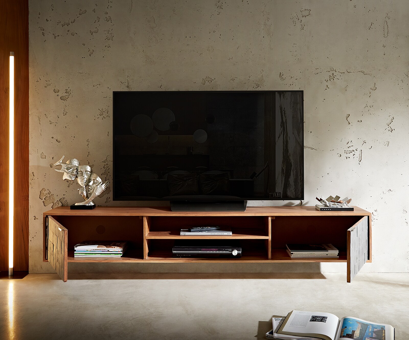 Meuble-TV Teele 200 cm acacia naturel ardoise 2 portes flottantes 5