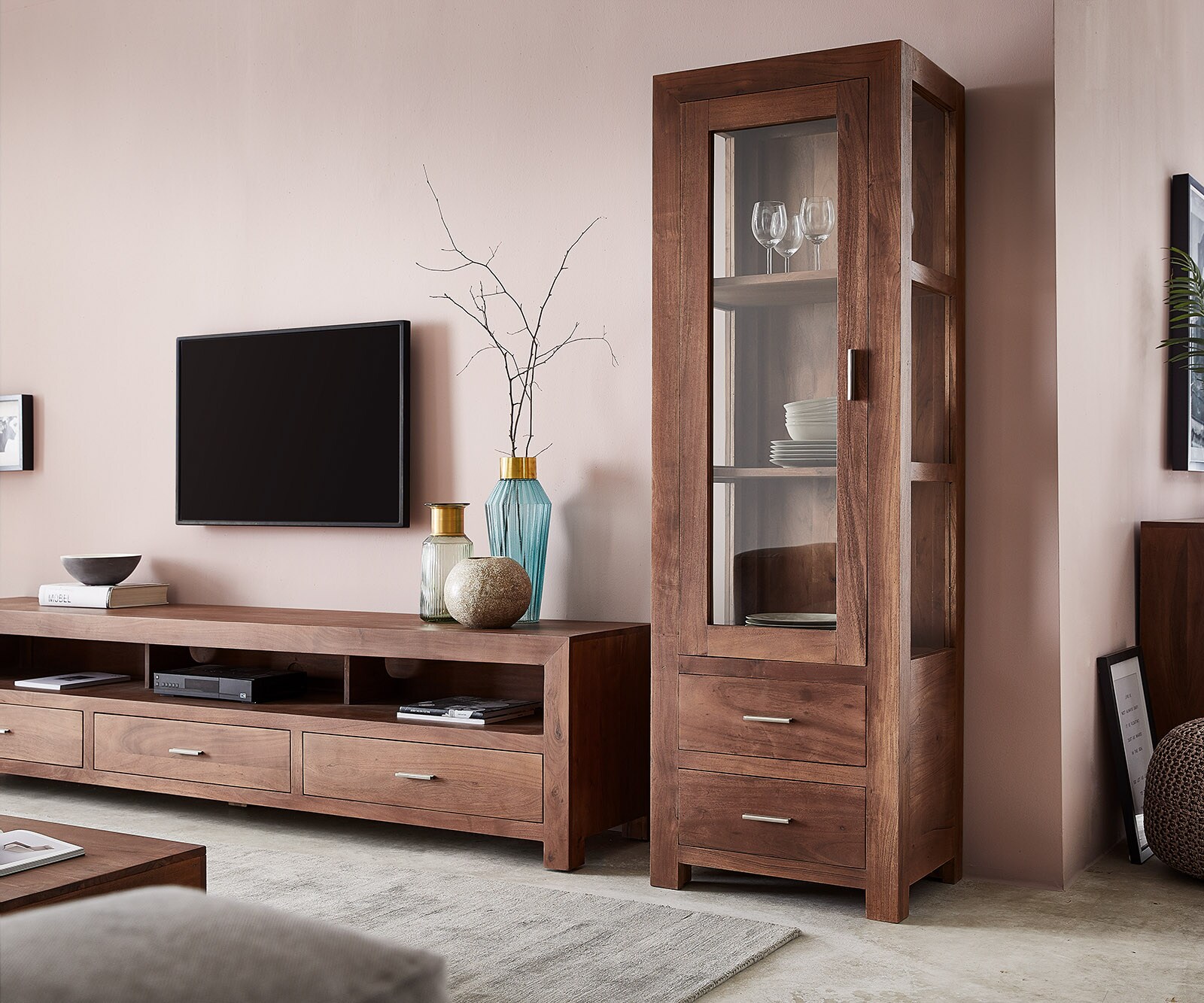 Buffet Indra acacia marron vitré avec 2 tiroirs 1 porte 1