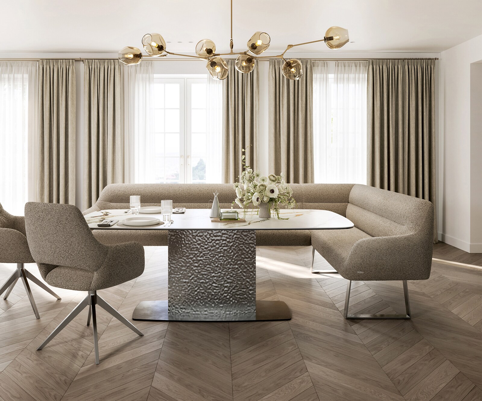 Banc-de-salle-à-manger Taya-Flex 285x190 cm bouclé boue piètement à patins angulaire acier inoxydable ressort ensaché liens 2