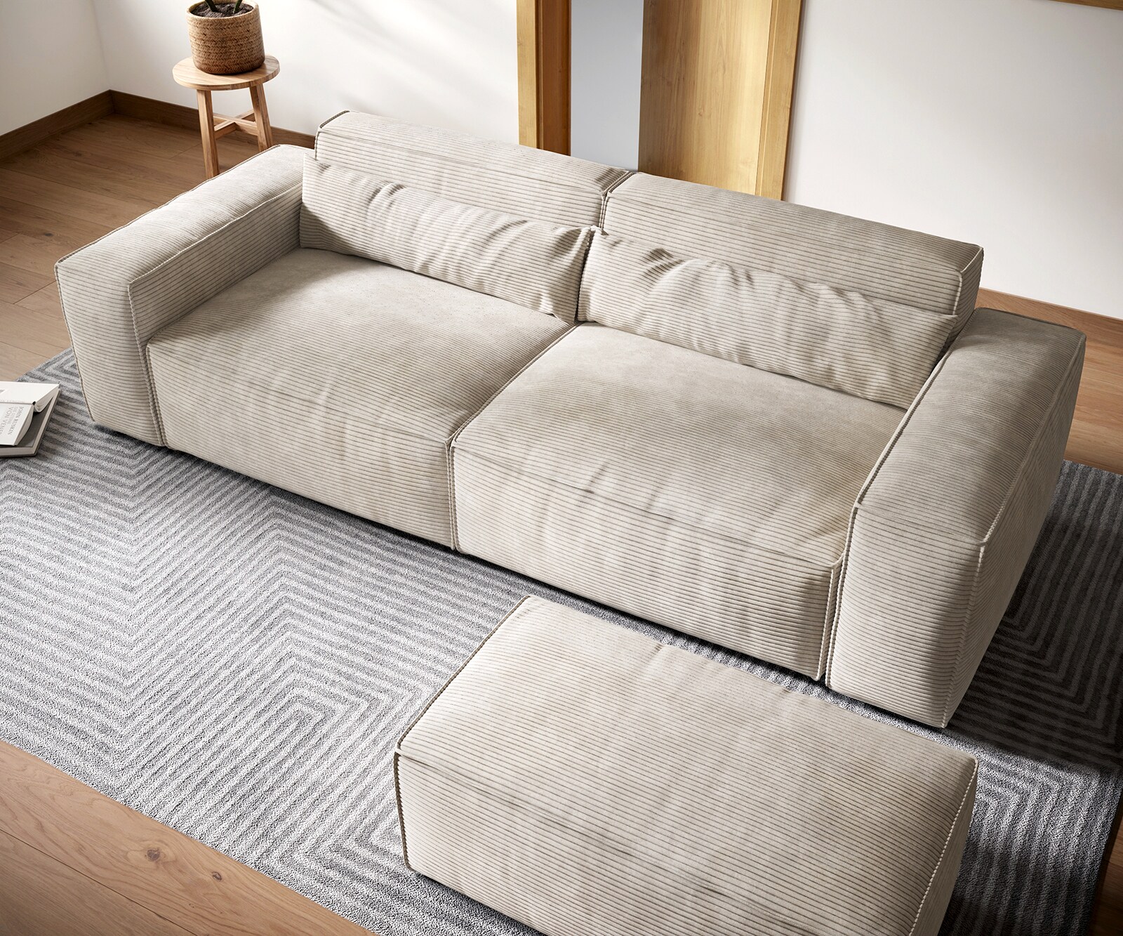 Grand Canapé Sirpio XL 270x130 cm Velours côtelé Beige avec Tabouret 3