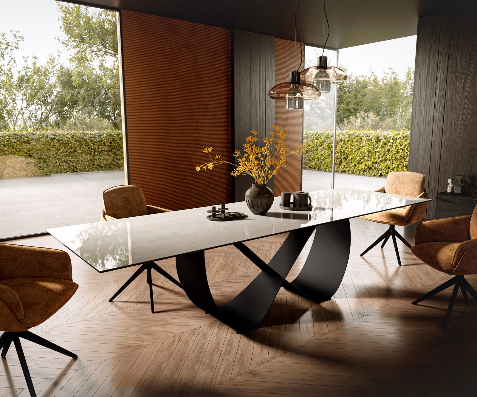 Table à manger Edge 300x100 cm céramique Onyx Champagne Infinity métal noir