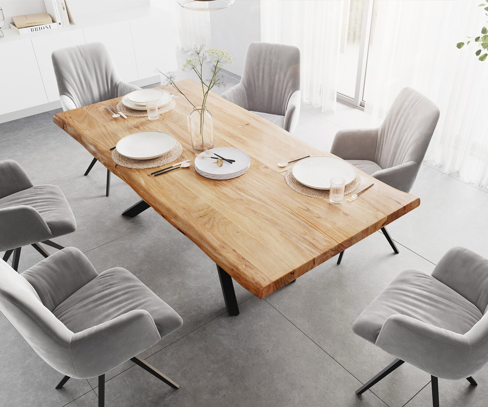 Table à manger Edge 200x100 XL Acacia Naturel cadre croisé Rectangle Noir Live-Edge 4