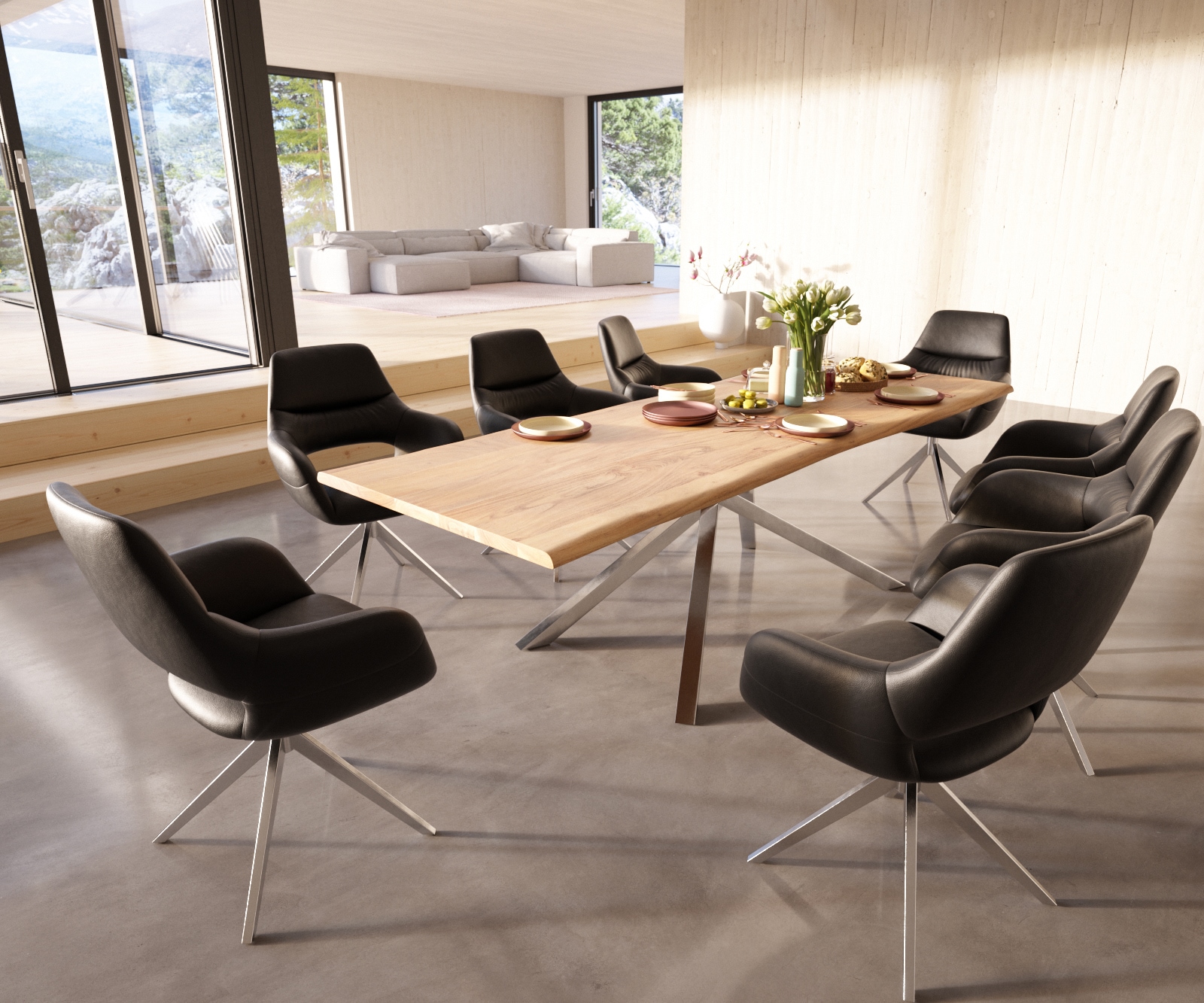 Chaise-de-salle-à-manger Yago-Flex avec accoudoirs cuir de vache noir pied croisé large acier inoxydable brossé ressorts ensachés 3 Chaise-de-salle-à-manger Yago-Flex avec accoudoirs cuir de vache noir pied croisé large acier inoxydable brossé ressorts ensachés 3