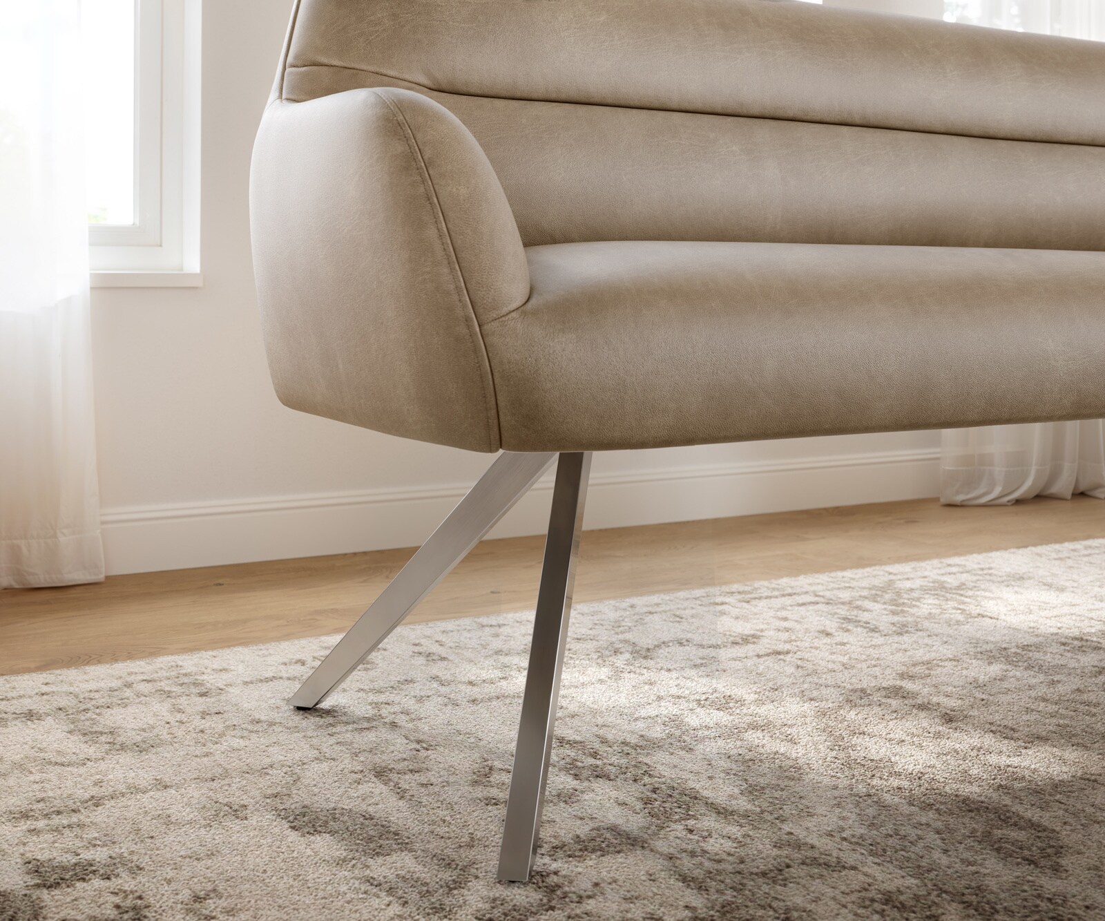 Banc-de-salle-à-manger Taya-Flex 200 cm microfibre beige vintage pied croisé angulaire acier inoxydable ressort ensaché 4