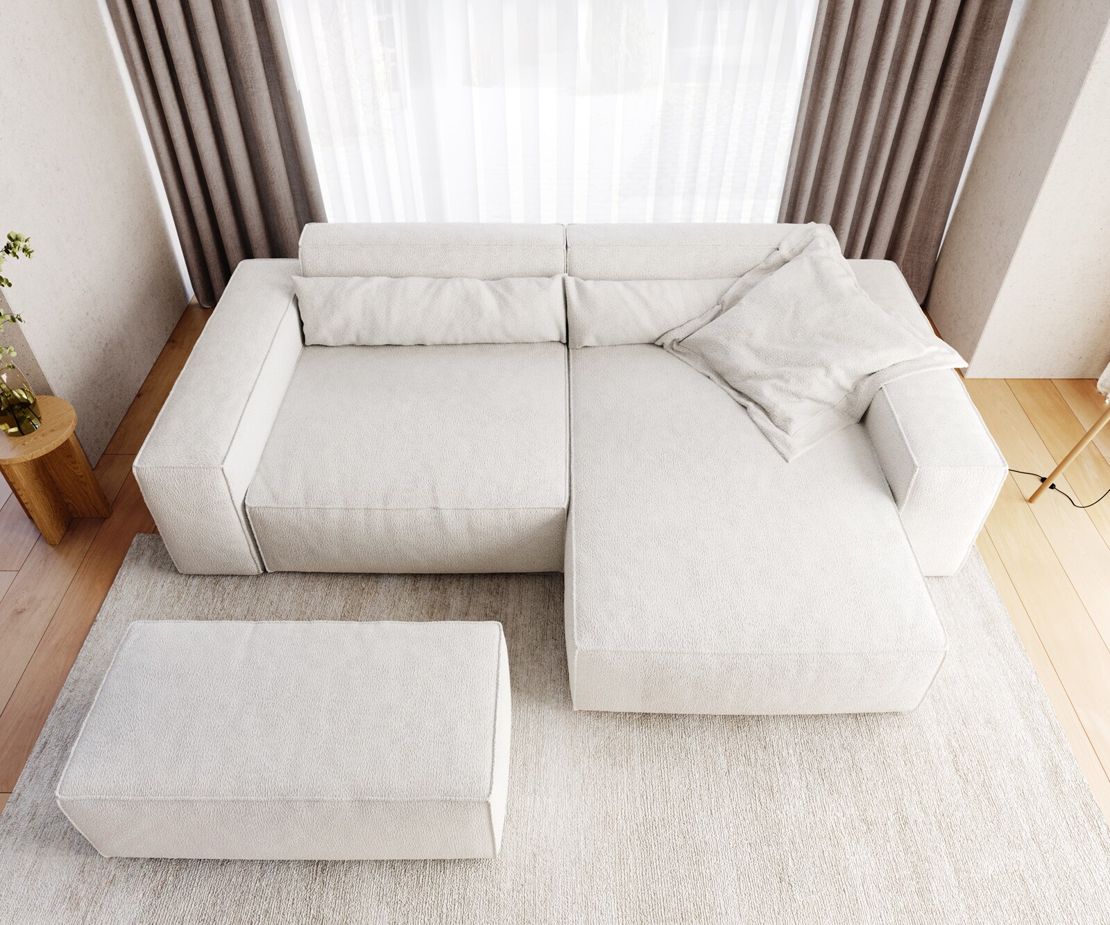 Canapé d'angle Sirpio XL 270x170 cm Bouclee Crème-blanc Recamiere variable avec Tabouret 5