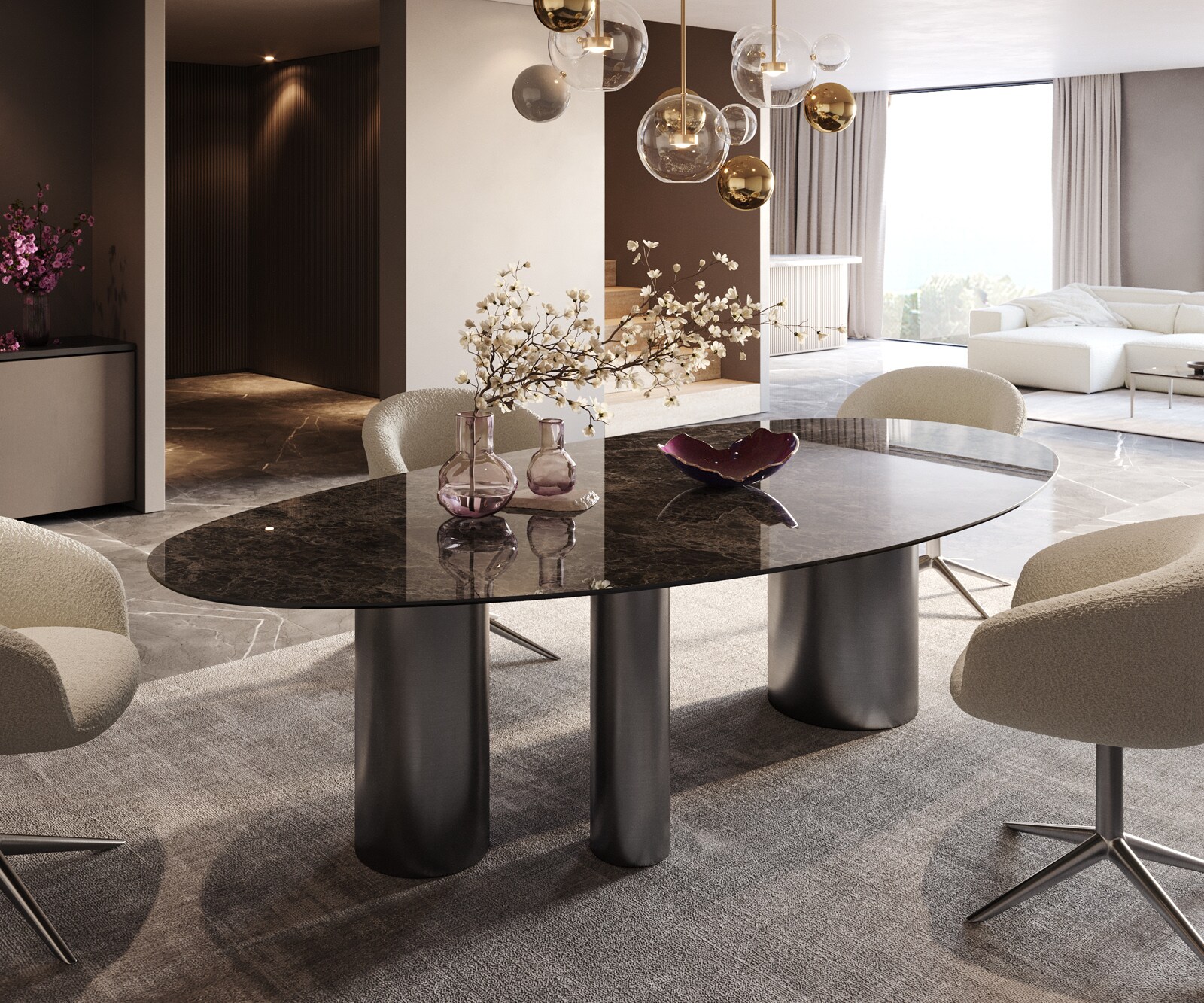 Table de salle à manger Edge Ovale Céramique Emperador Extra Lucidato Brun foncé 280x130 Troa Acier inoxydable Graphite