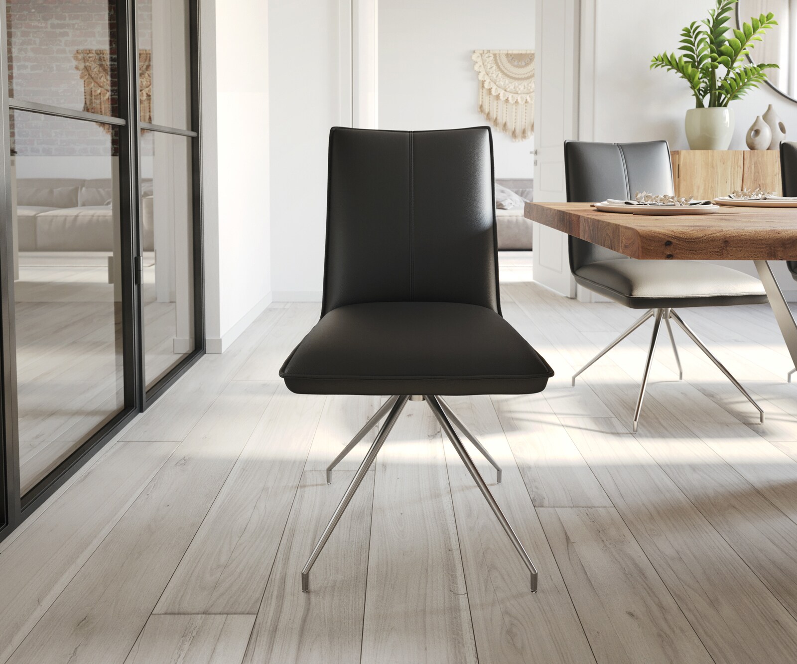 Chaise-de-salle-à-manger Lelio-Flex cuir de vache noir pied croisé conique acier inoxydable brossé ressorts ensachés 1 Chaise-de-salle-à-manger Lelio-Flex cuir de vache noir pied croisé conique acier inoxydable brossé ressorts ensachés 1