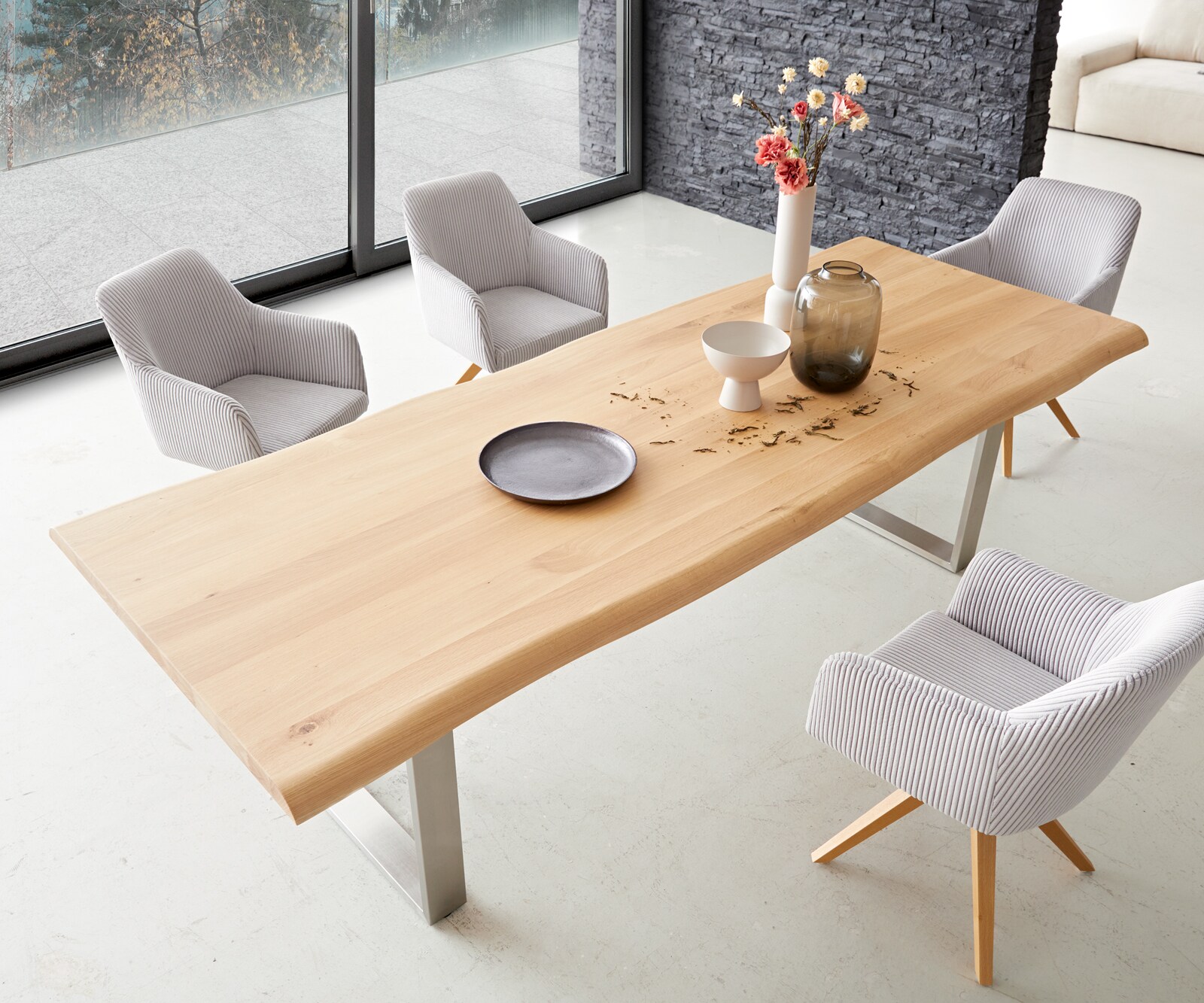 Table à manger Edge 260x100 chêne nature acier inoxydable mince Live-Edge 3